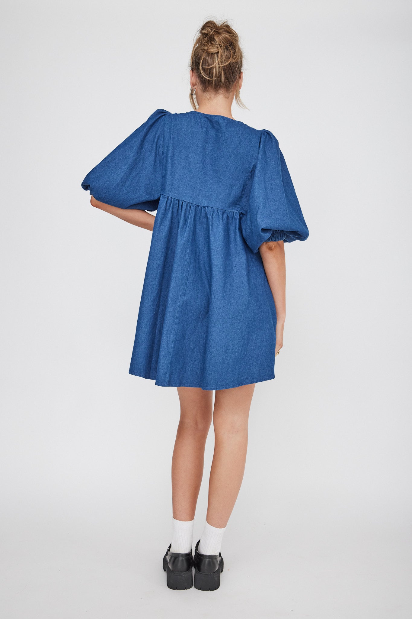 New Haven Puff Sleeve Swing Dress Indigo-Maymioy