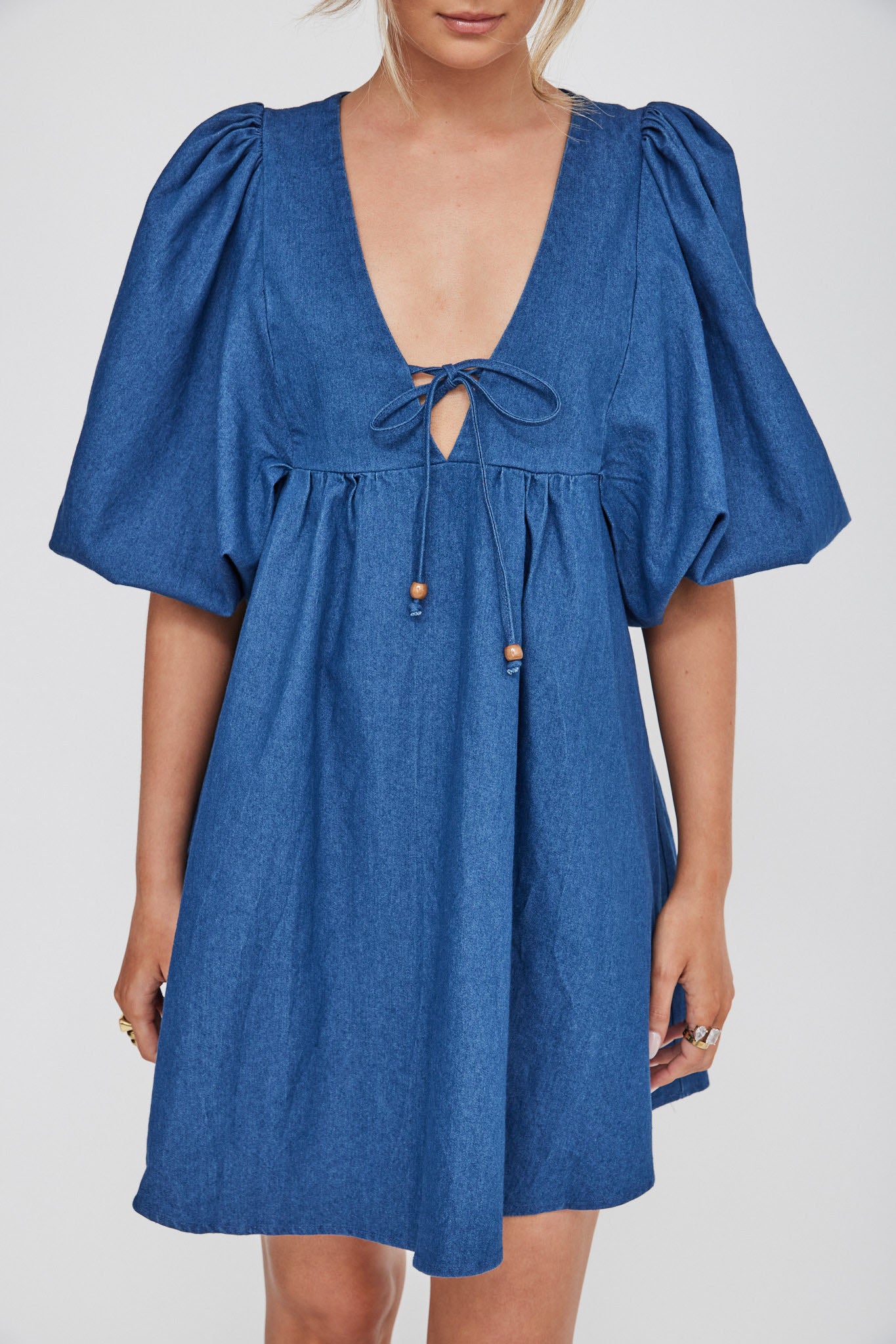 New Haven Puff Sleeve Swing Dress Indigo-Maymioy