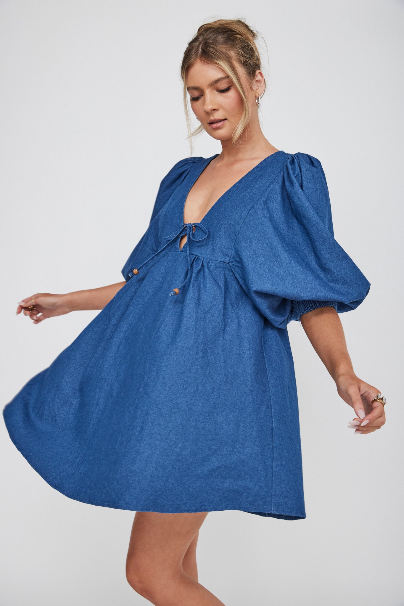 New Haven Puff Sleeve Swing Dress Indigo-Maymioy