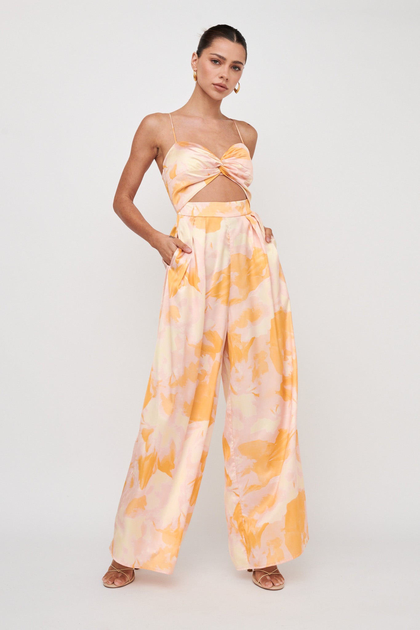 Tammi Cut-Out Waist Jumpsuit Abstract Yellow-Maymioy