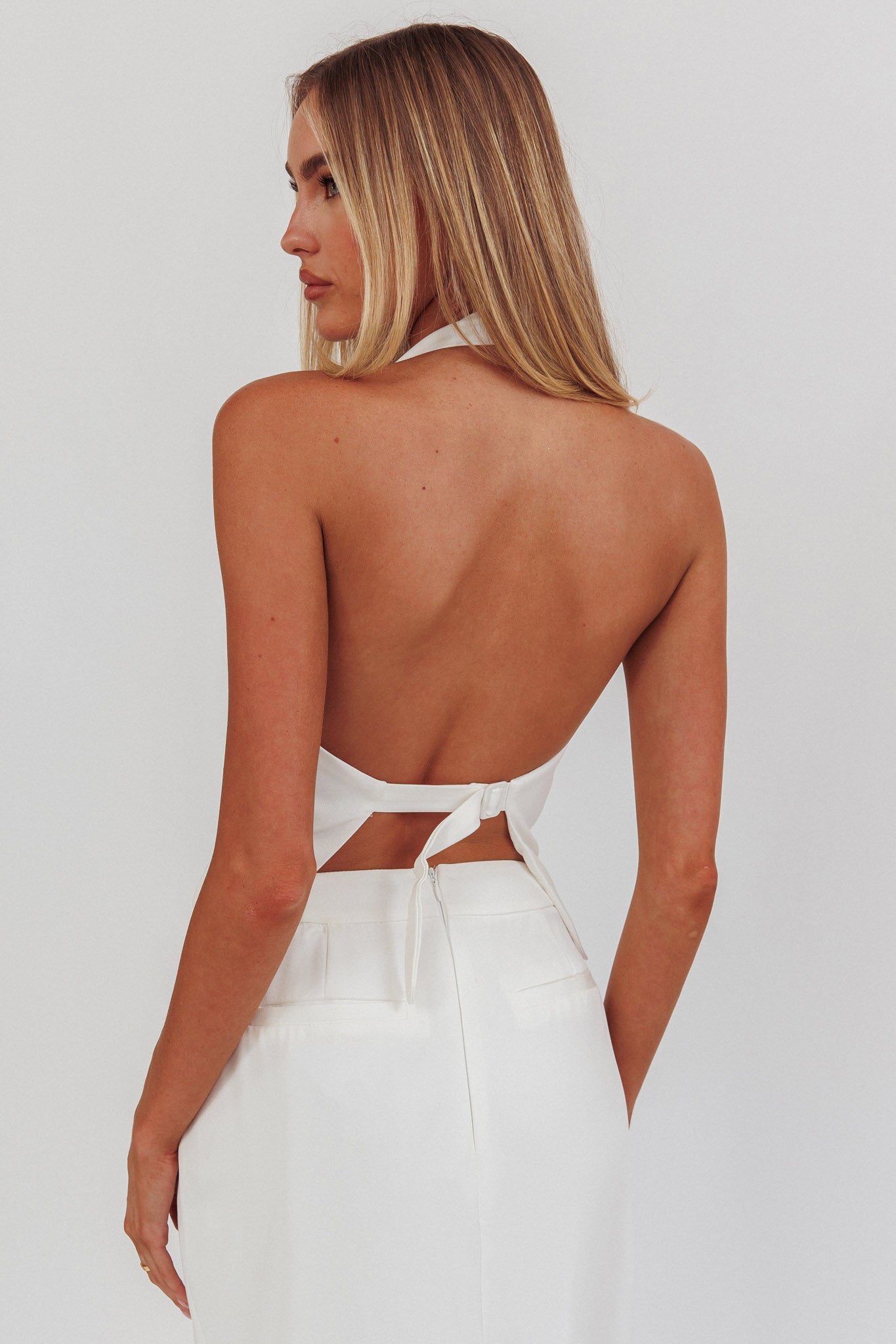 Tammi Halter Buckle Vest Top Off White-Maymioy