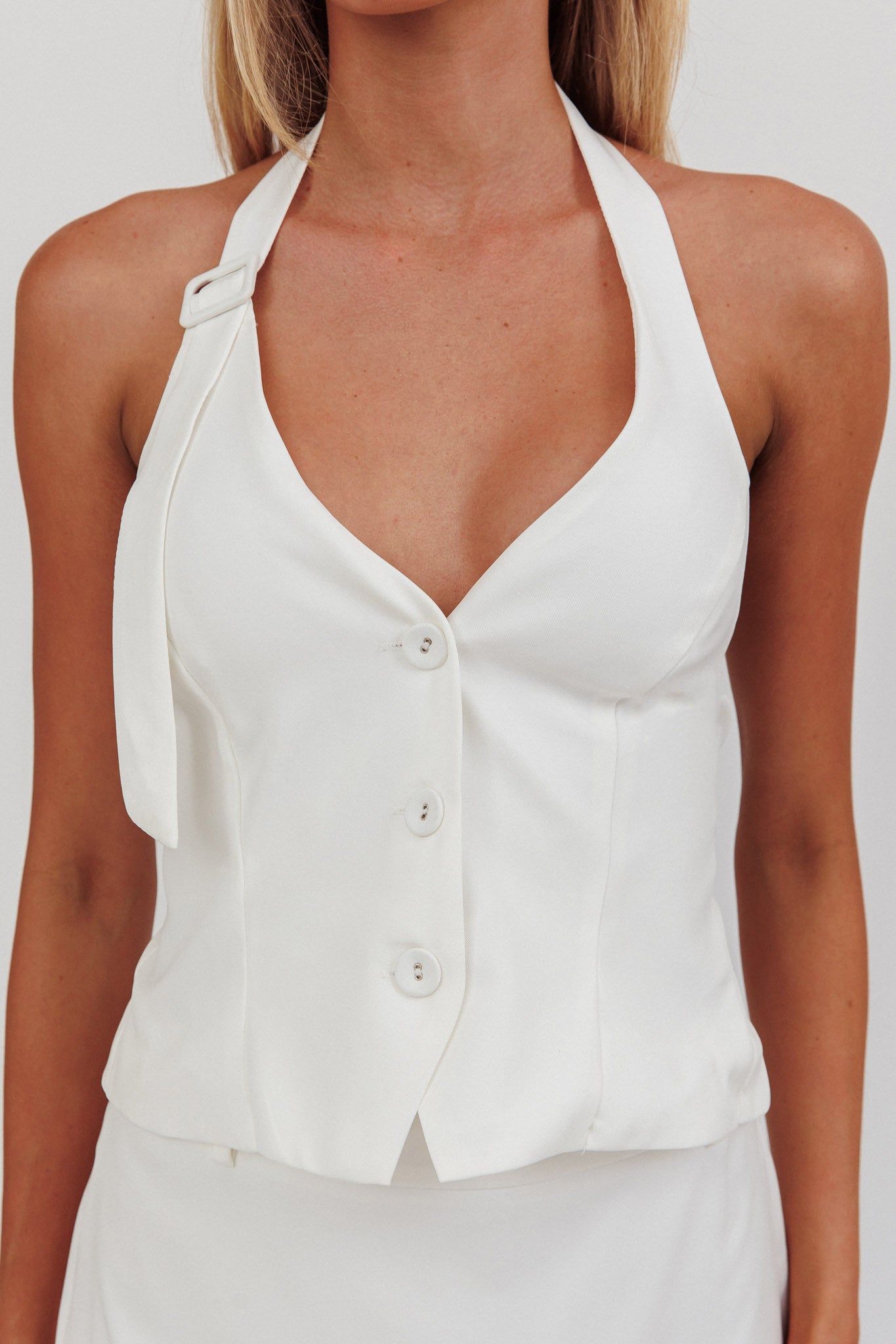 Tammi Halter Buckle Vest Top Off White-Maymioy