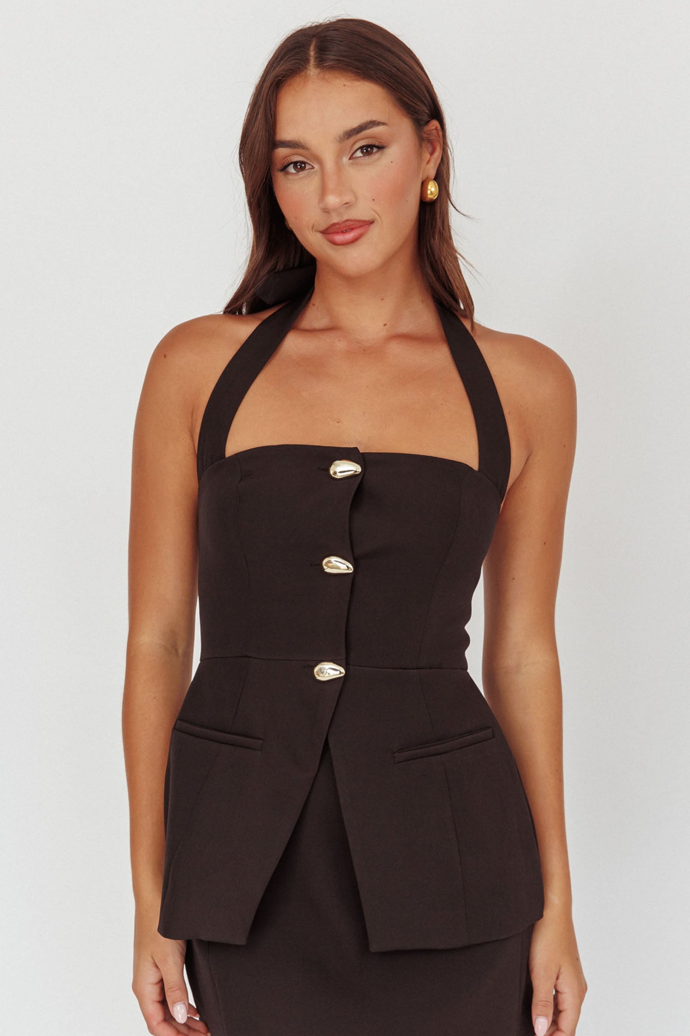Tammi Button Front Halter Top Black-Maymioy