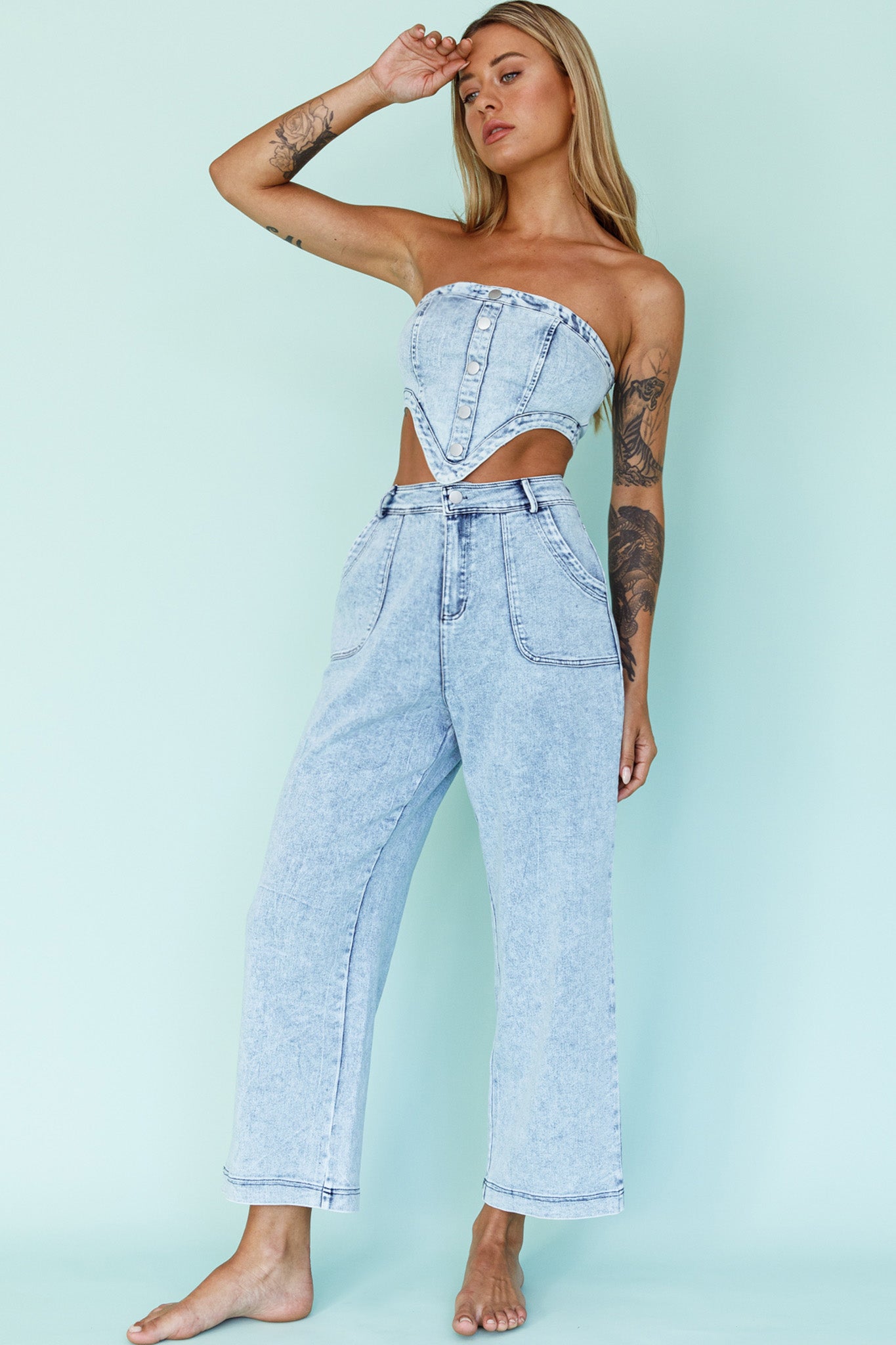 Uptown Strapless Crop Top Denim-Maymioy