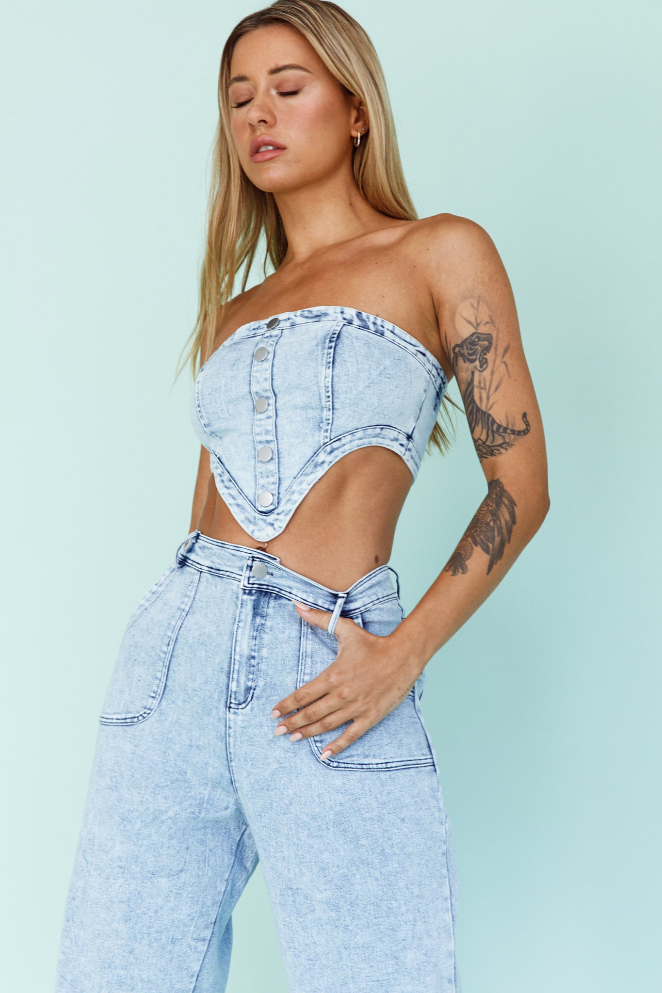 Uptown Strapless Crop Top Denim-Maymioy