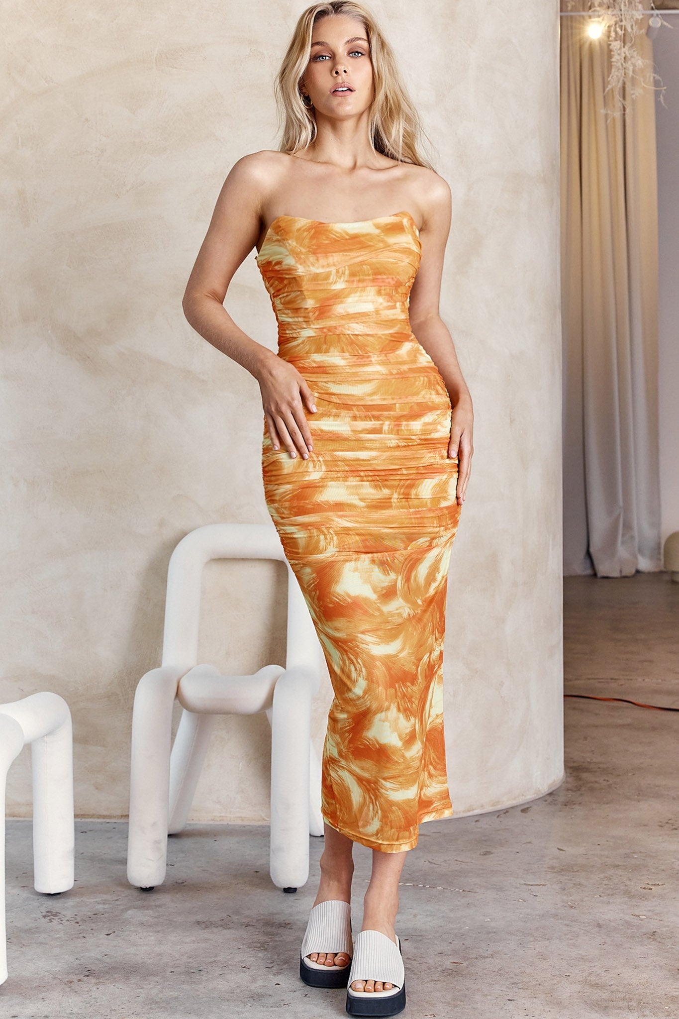 Logan Strapless Ruched Midi Dress Orange-Maymioy