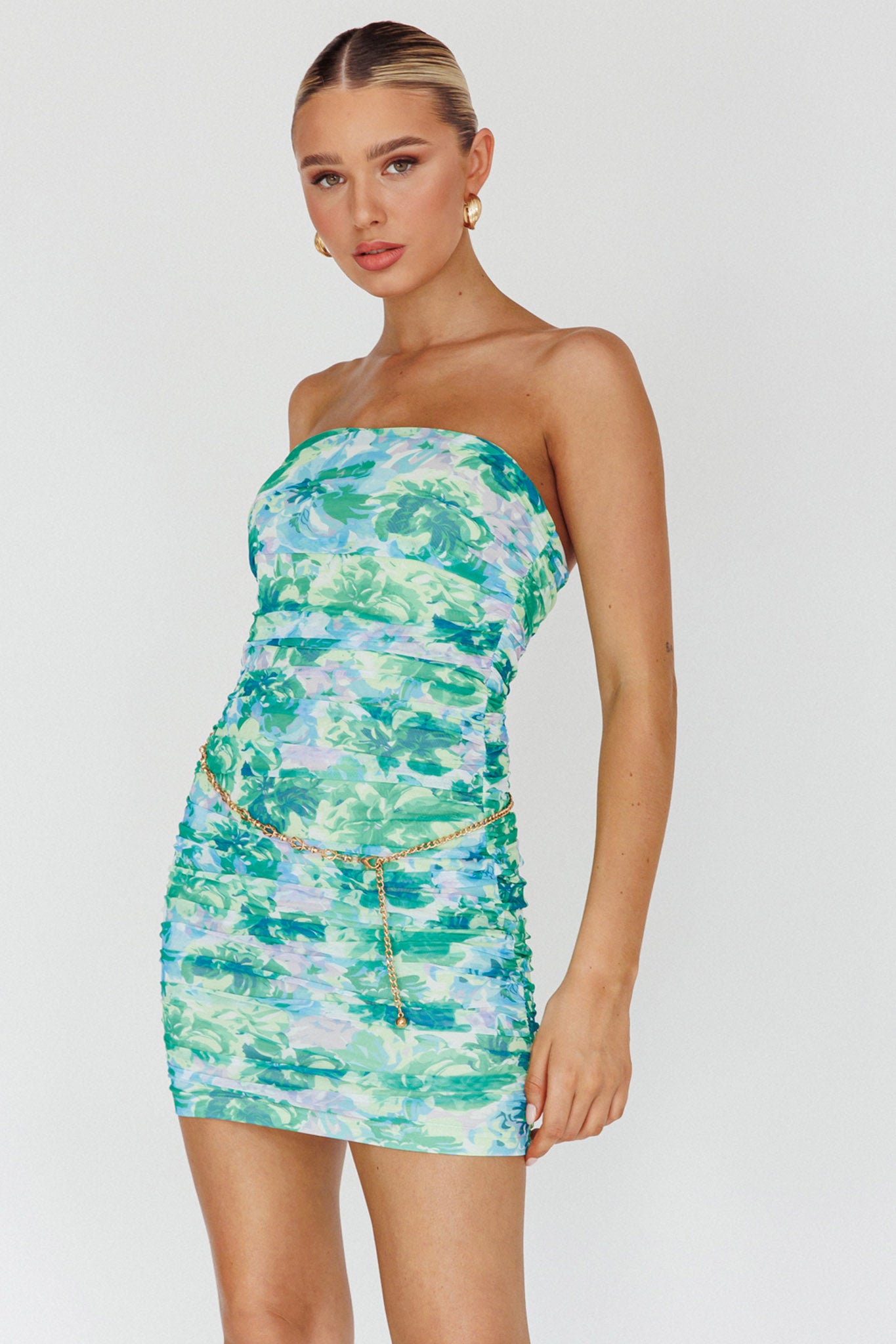 Logan Strapless Ruched Dress Floral Green-Maymioy