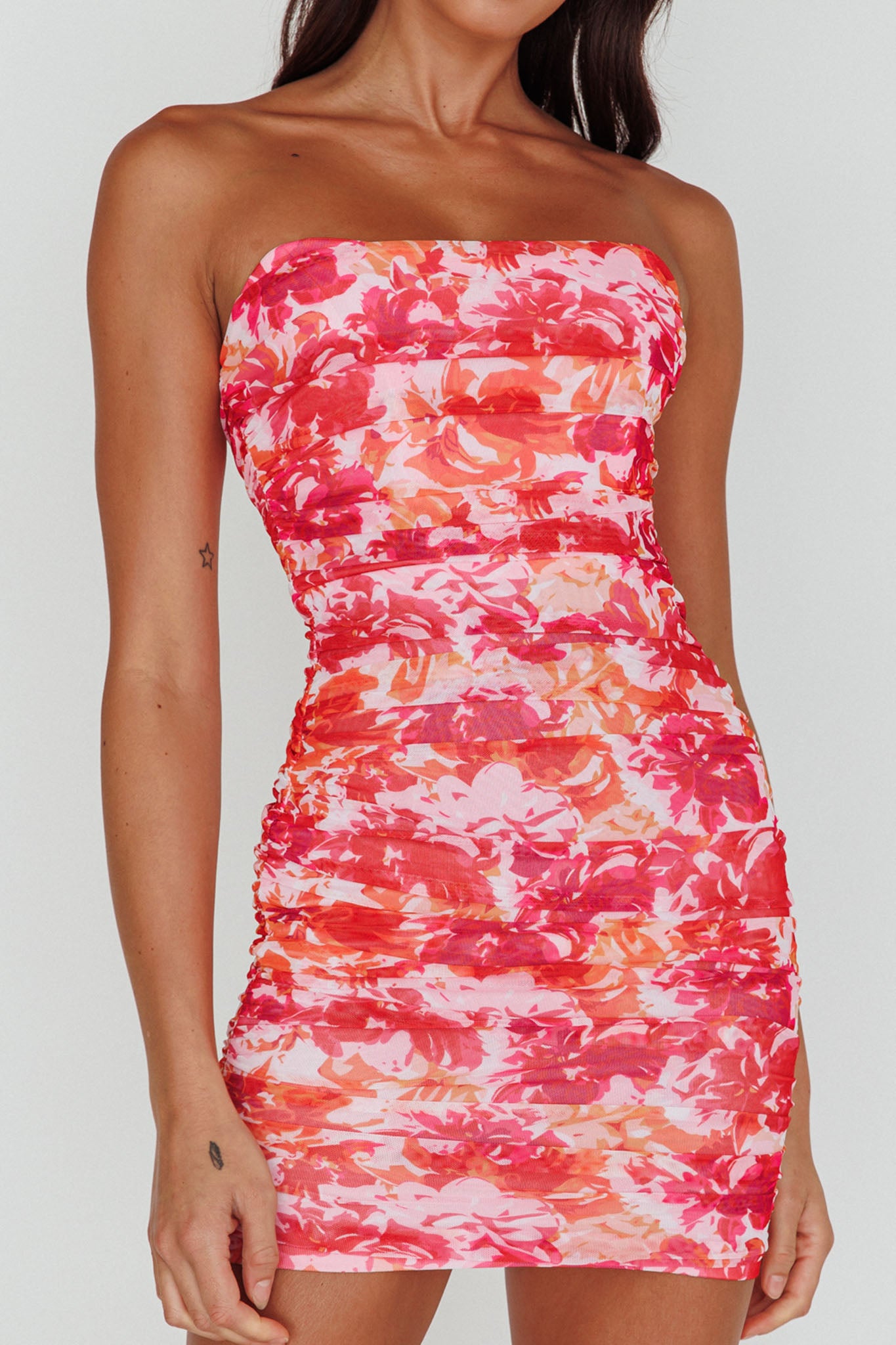 Logan Strapless Ruched Dress Floral Pink/Orange-Maymioy