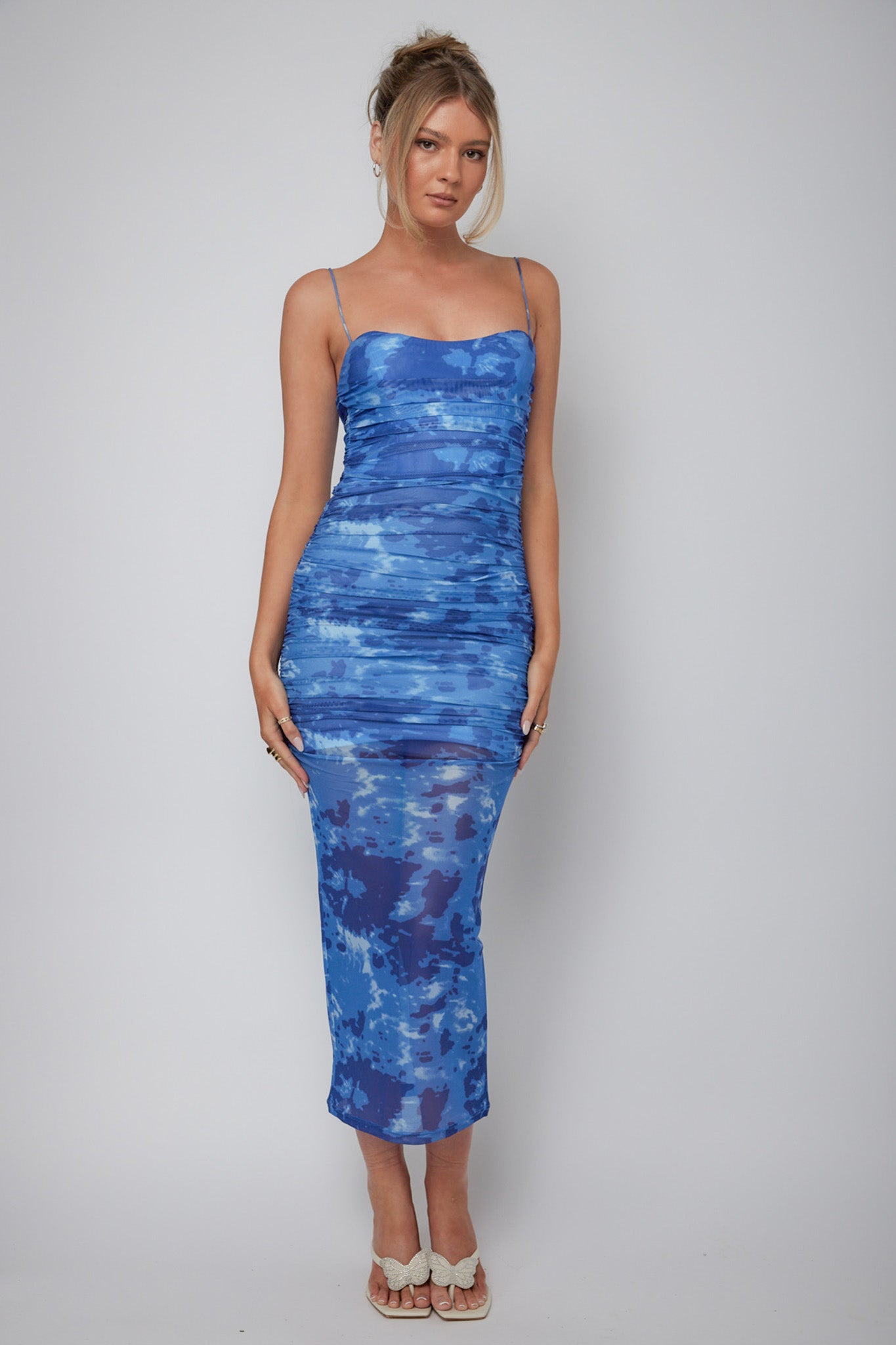 Logan Ruched Midi Dress Mottled Blue-Maymioy