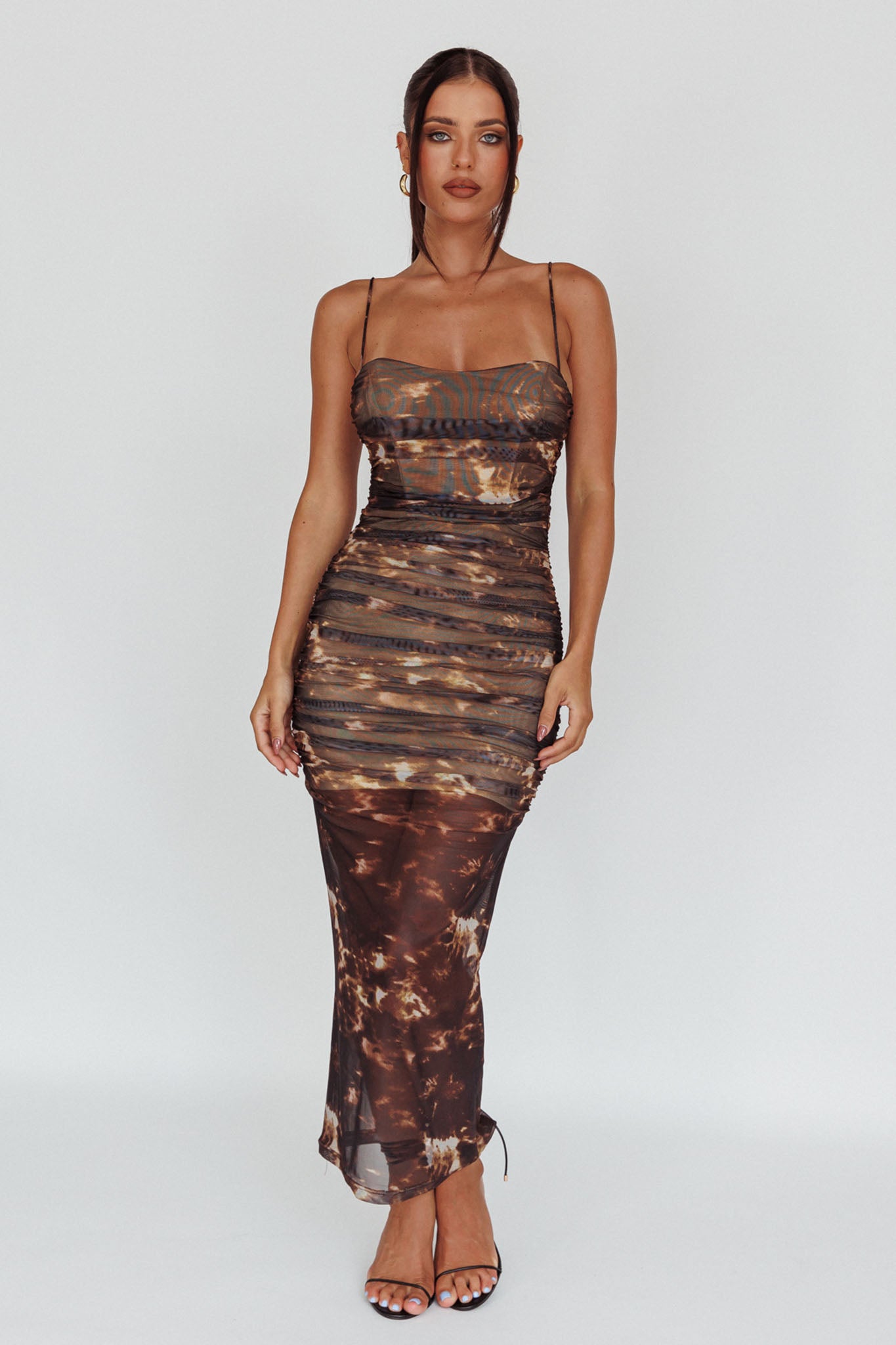 Logan Strapless Ruched Midi Dress Brown-Maymioy