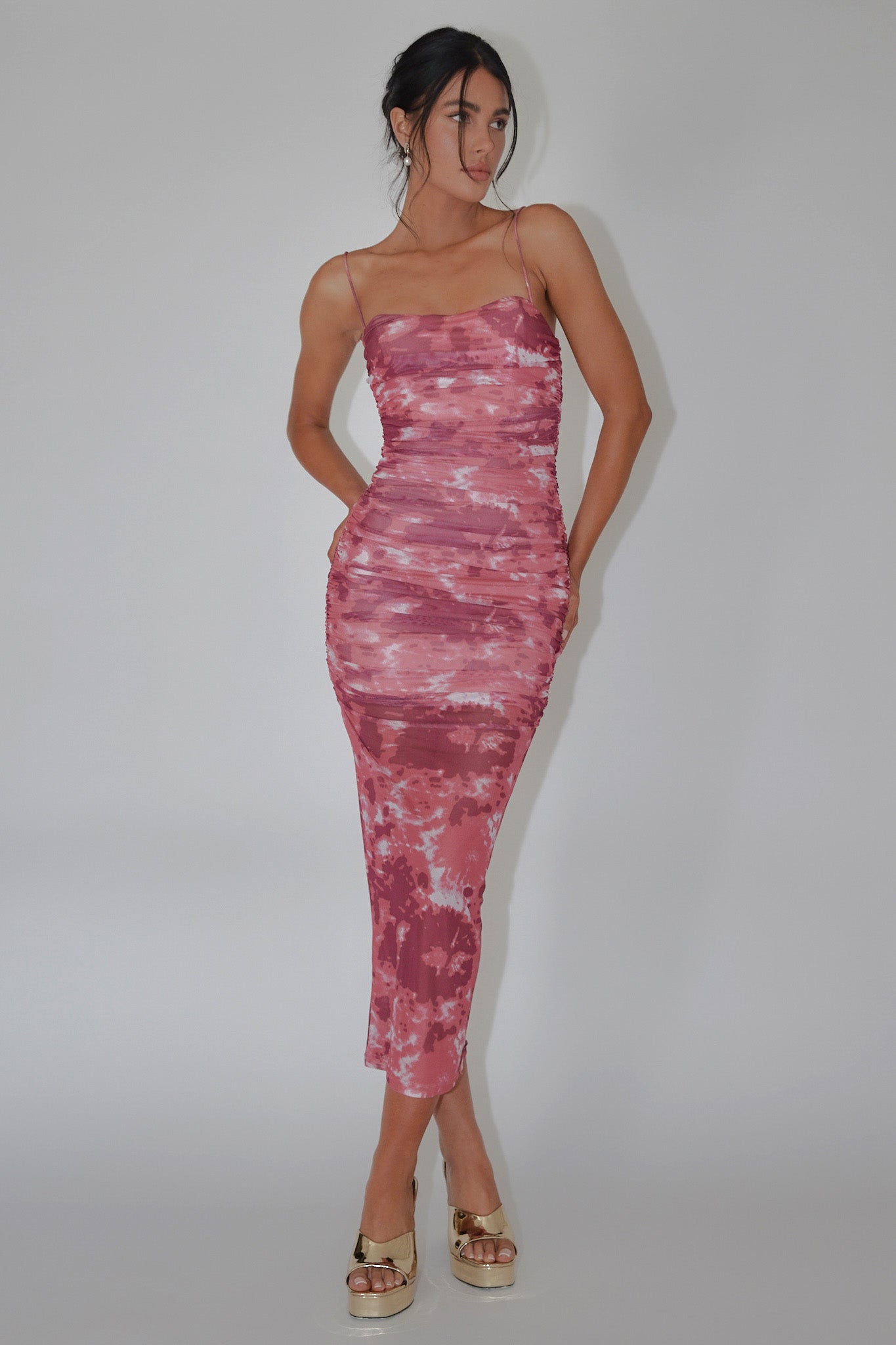 Logan Strapless Ruched Midi Dress Print Wine-Maymioy