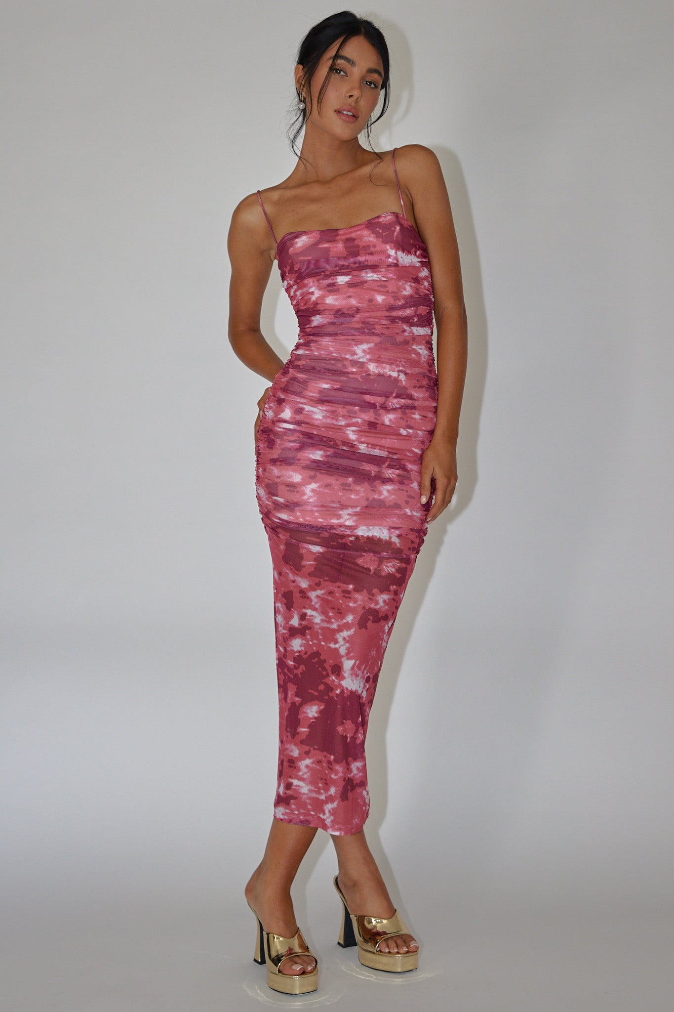 Logan Strapless Ruched Midi Dress Print Wine-Maymioy