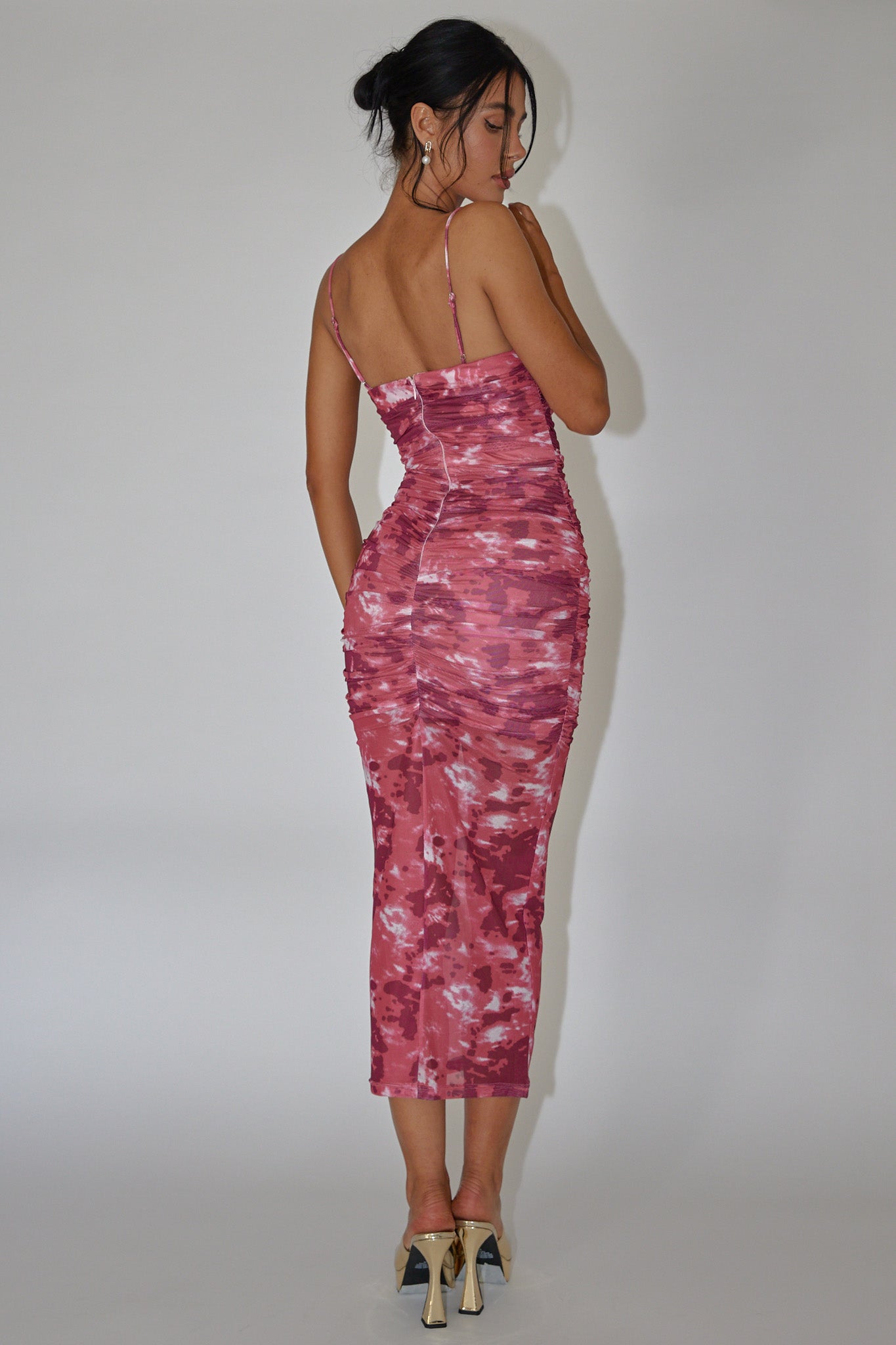 Logan Strapless Ruched Midi Dress Print Wine-Maymioy