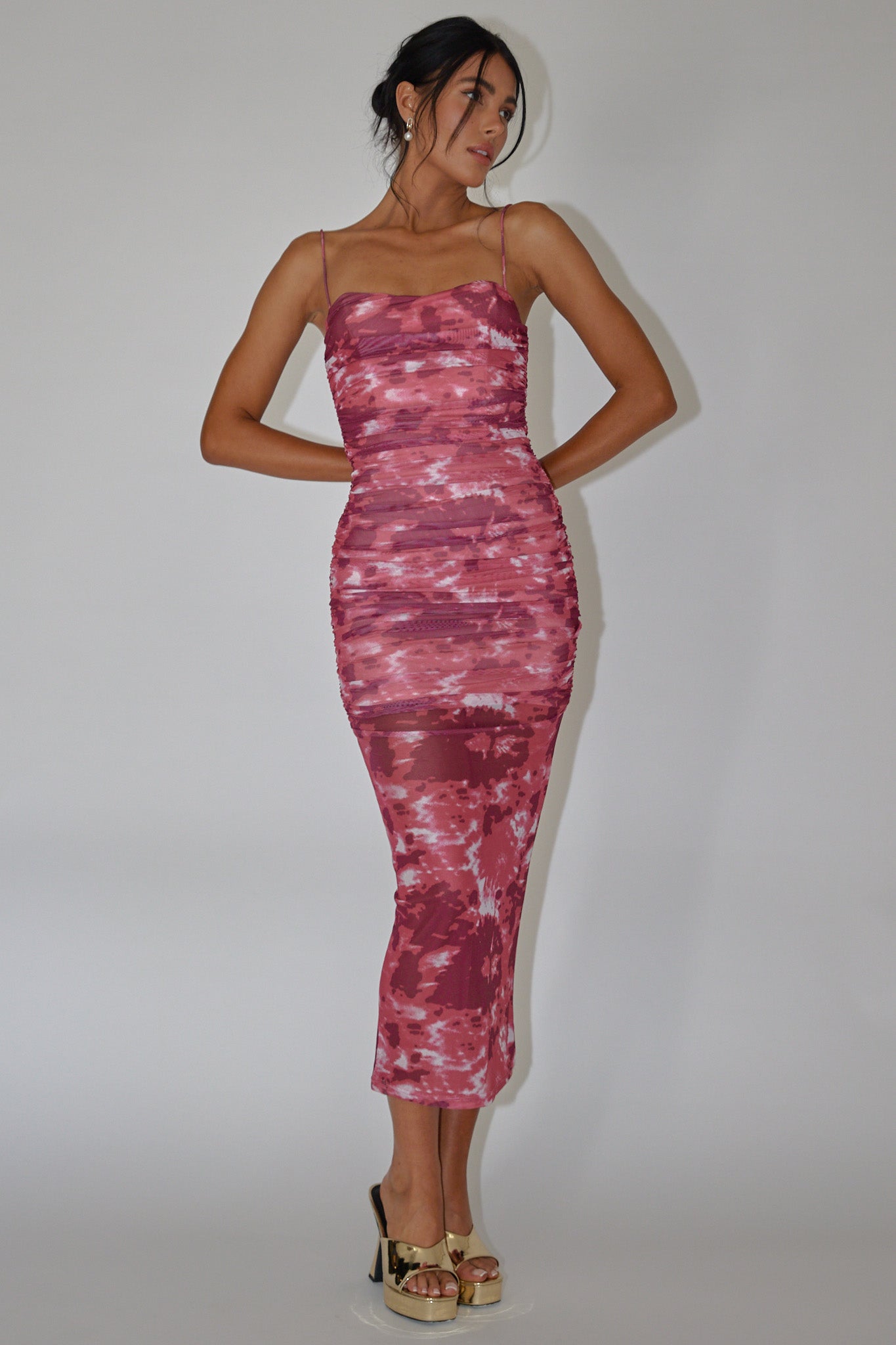 Logan Strapless Ruched Midi Dress Print Wine-Maymioy