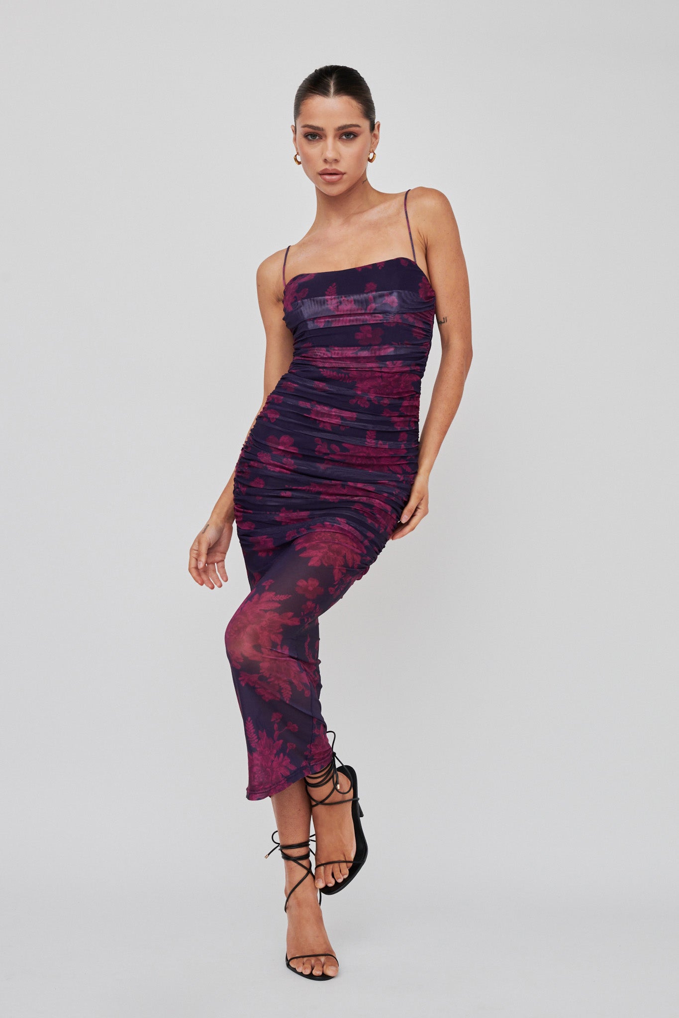 Logan Cami Strap Midi Dress Flower Grape-Maymioy