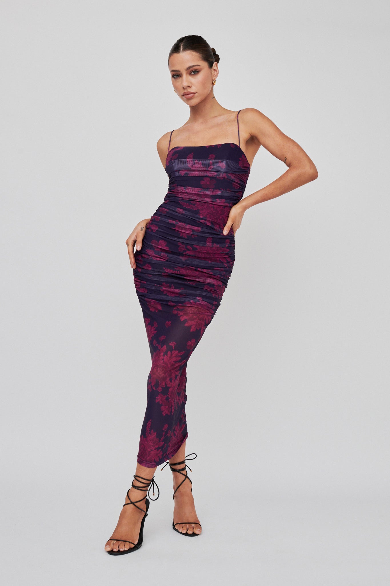 Logan Cami Strap Midi Dress Flower Grape-Maymioy