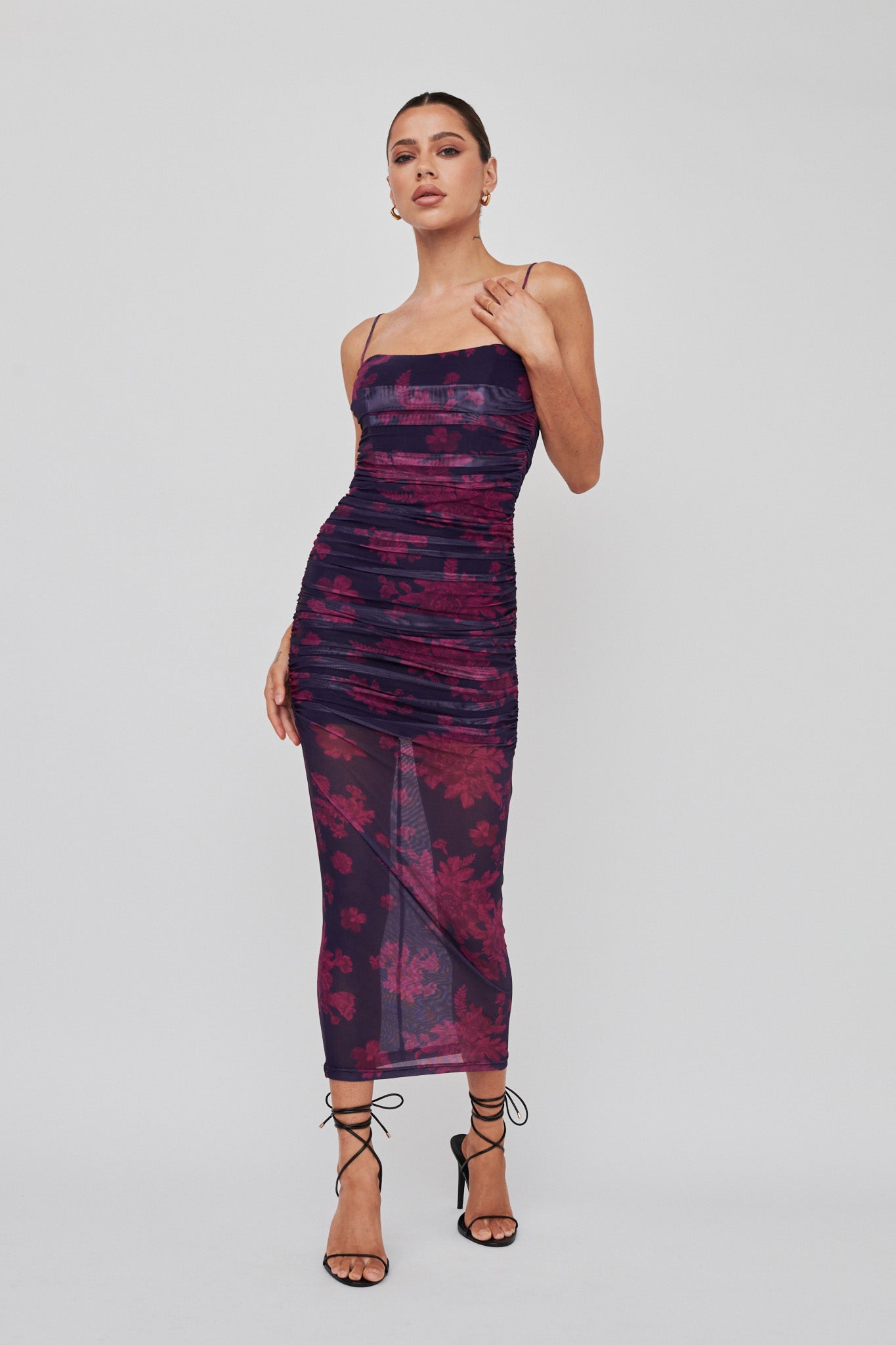 Logan Cami Strap Midi Dress Flower Grape-Maymioy