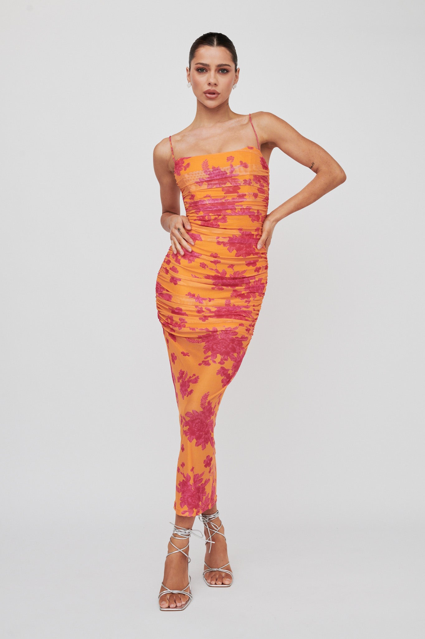 Logan Cami Strap Midi Dress Flower Orange-Maymioy