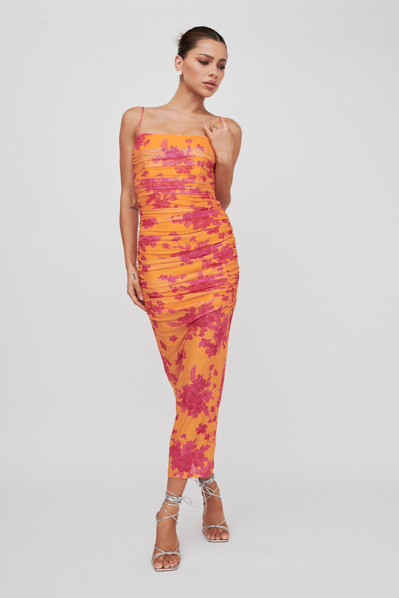 Logan Cami Strap Midi Dress Flower Orange-Maymioy
