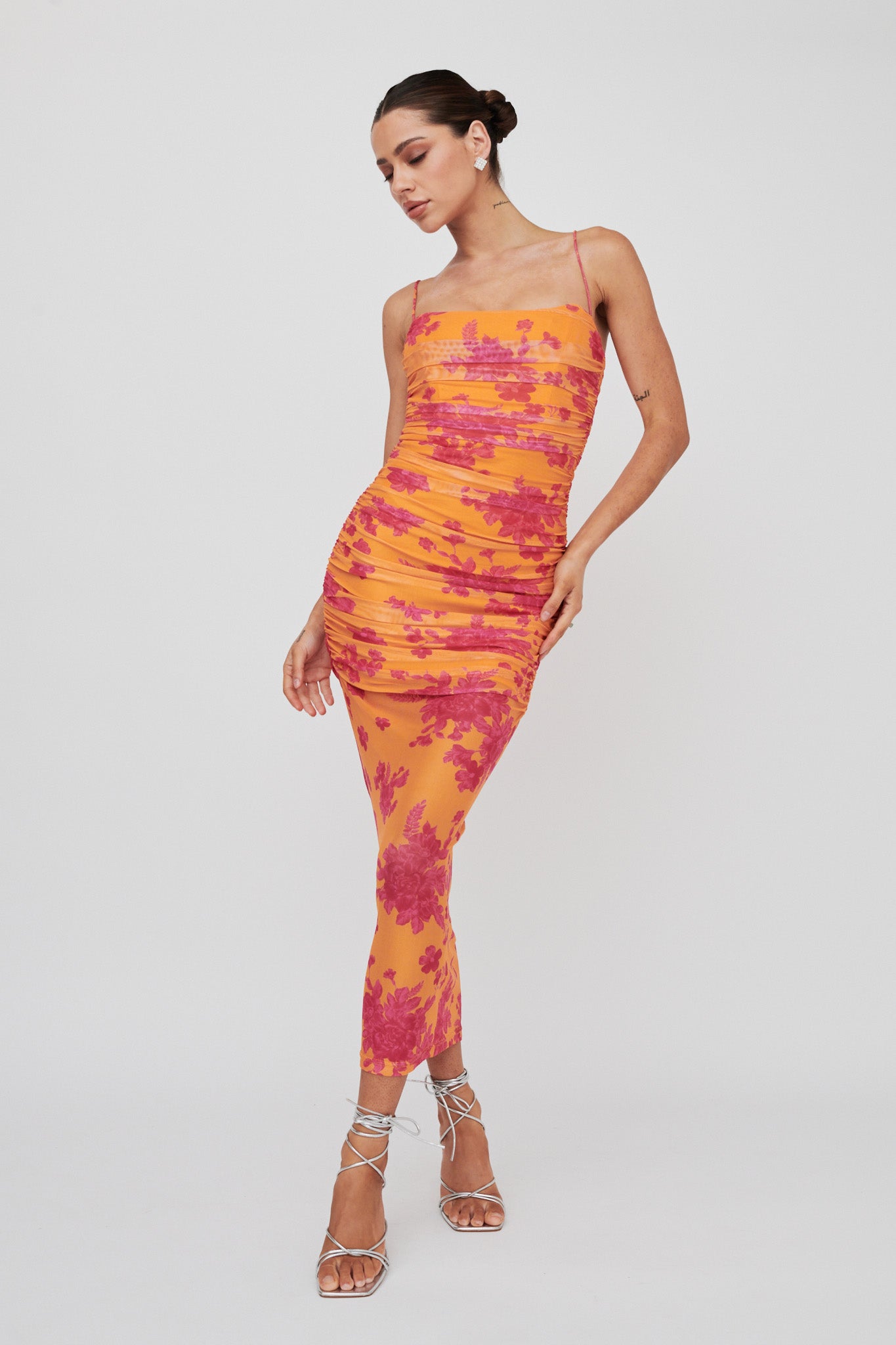 Logan Cami Strap Midi Dress Flower Orange-Maymioy