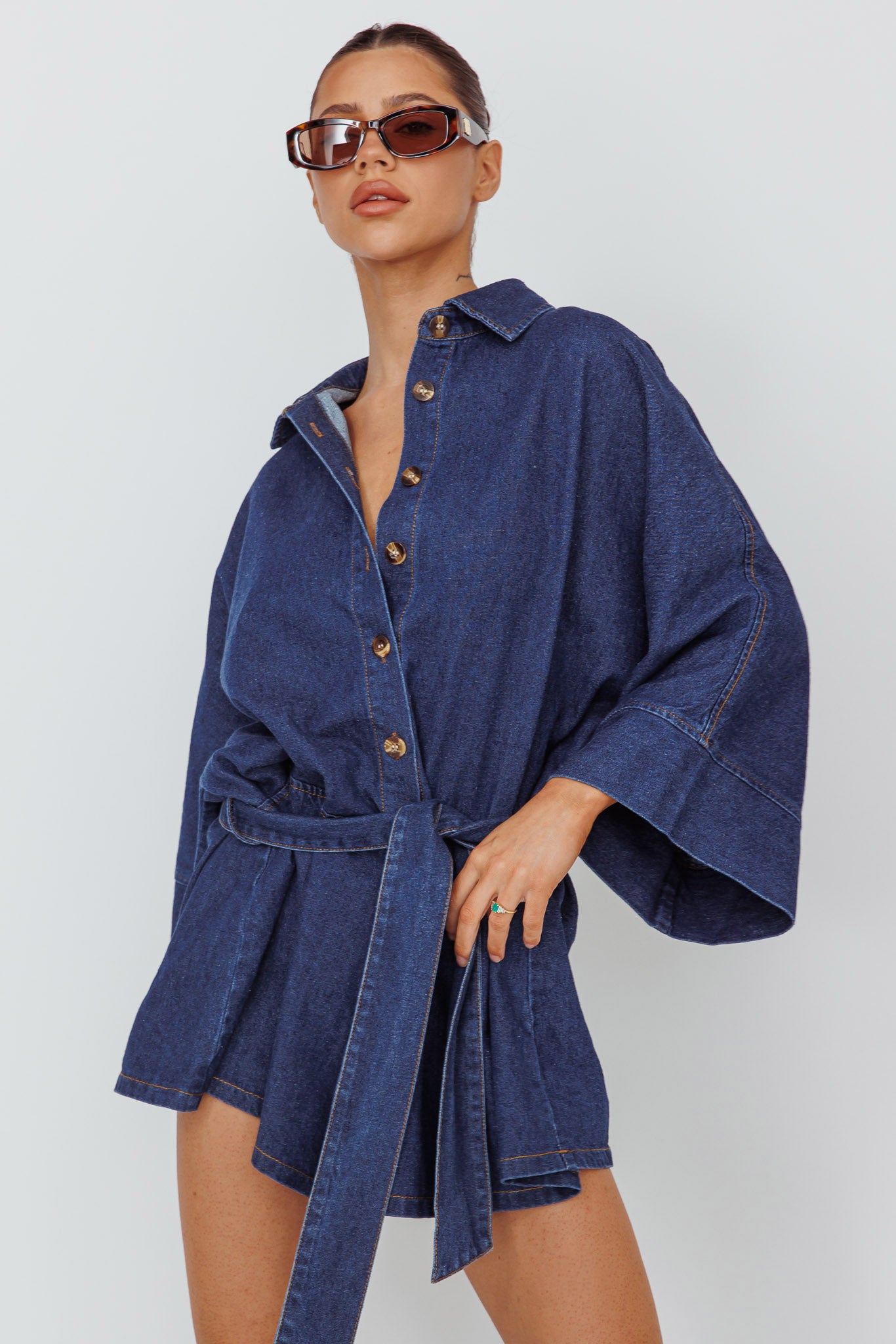 Daytona Beach Long Sleeve Shirt Romper Indigo-Maymioy