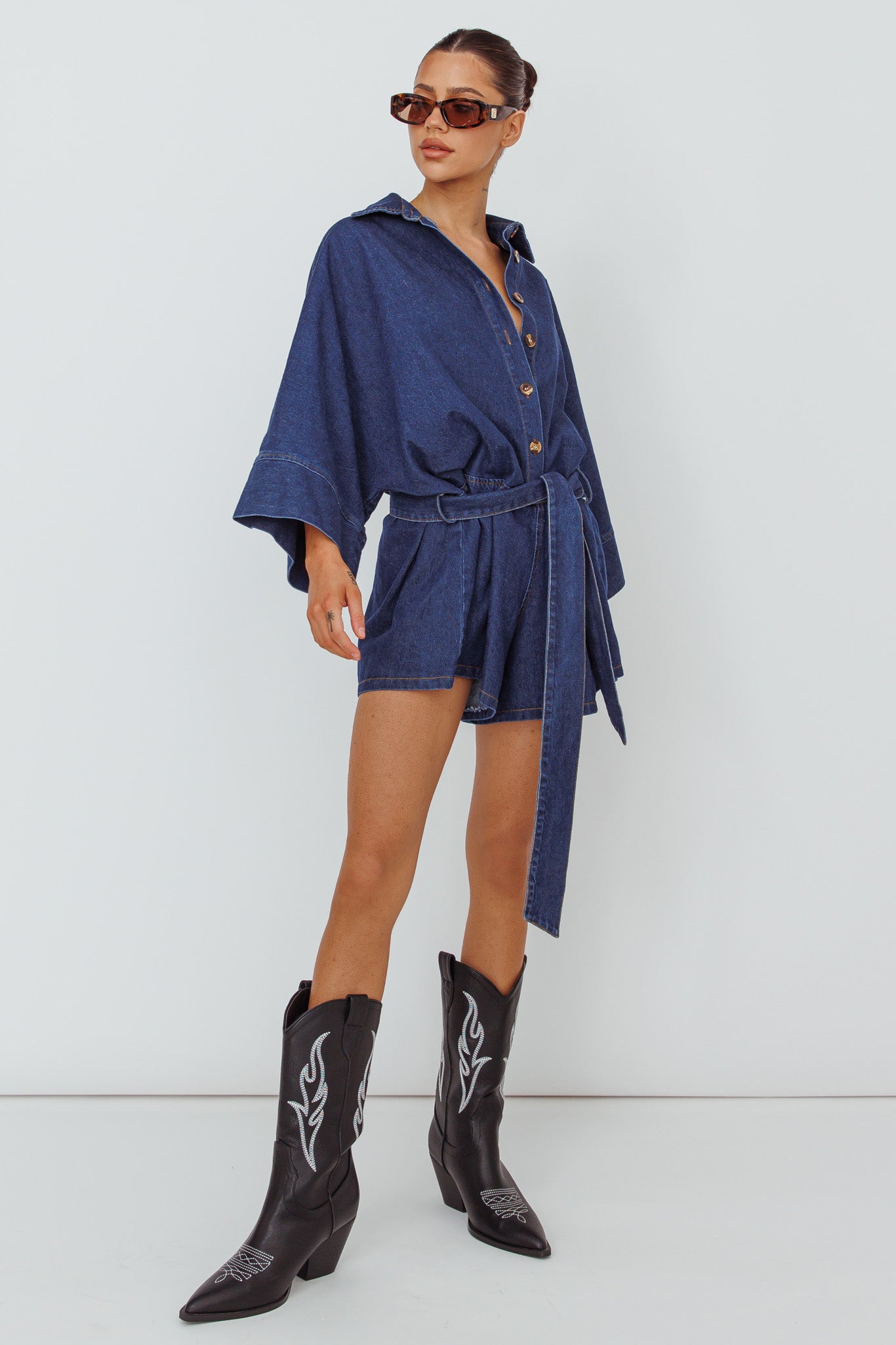 Daytona Beach Long Sleeve Shirt Romper Indigo-Maymioy