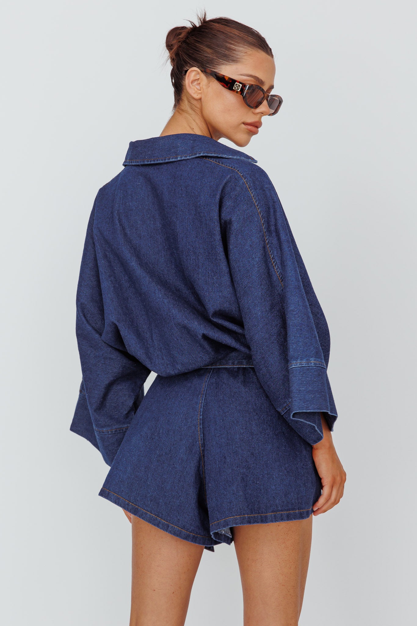 Daytona Beach Long Sleeve Shirt Romper Indigo-Maymioy