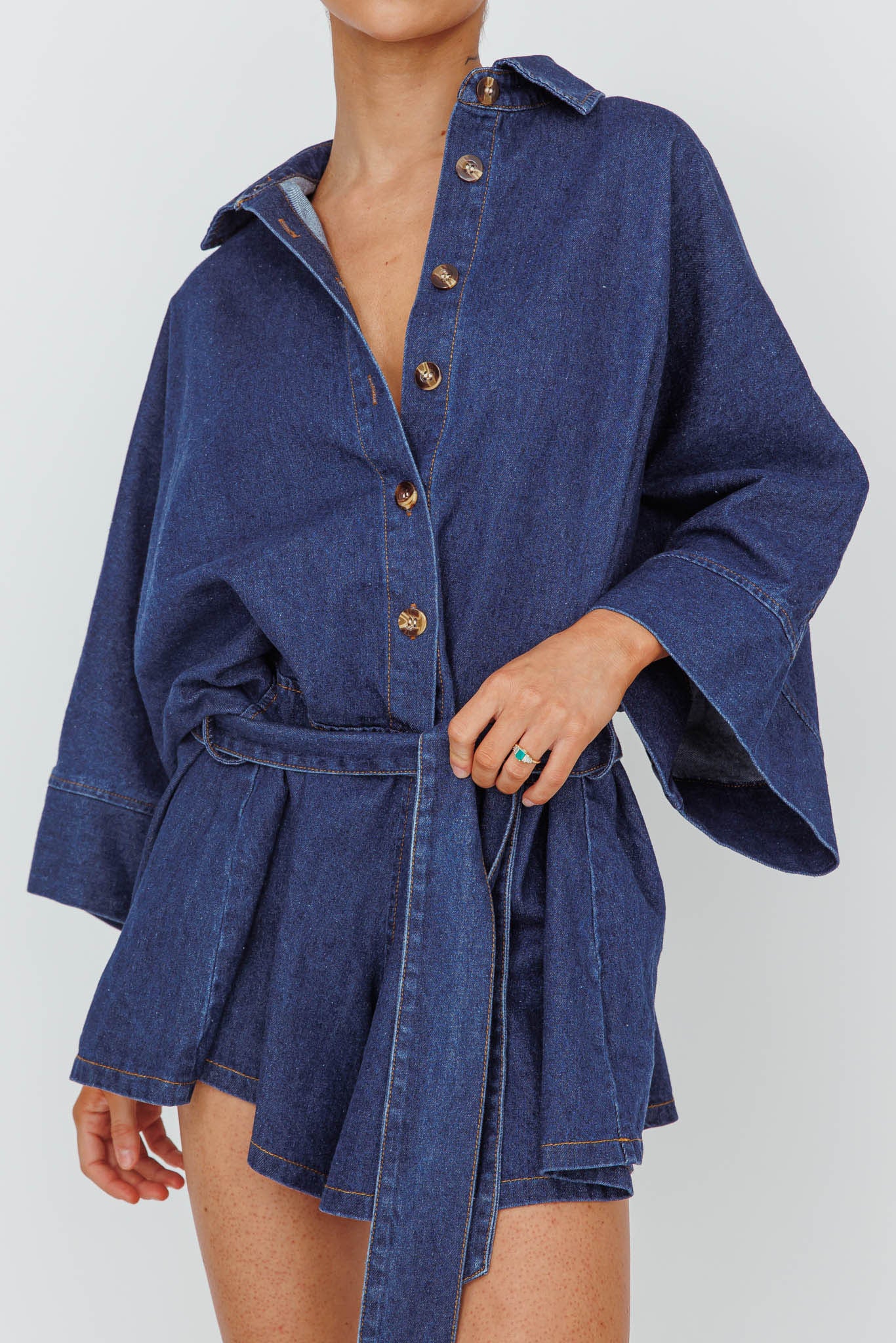 Daytona Beach Long Sleeve Shirt Romper Indigo-Maymioy