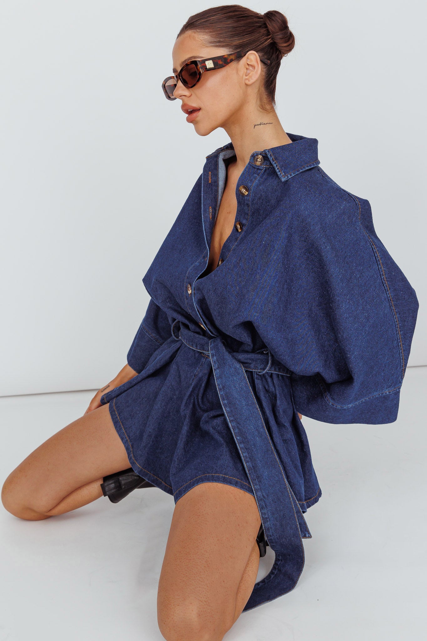 Daytona Beach Long Sleeve Shirt Romper Indigo-Maymioy