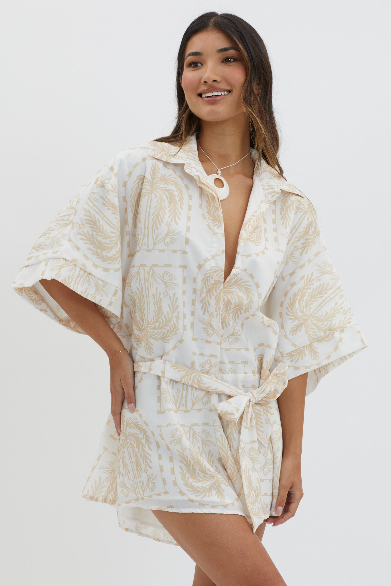 Daytona Beach Button-Up Romper Print Beige-Maymioy