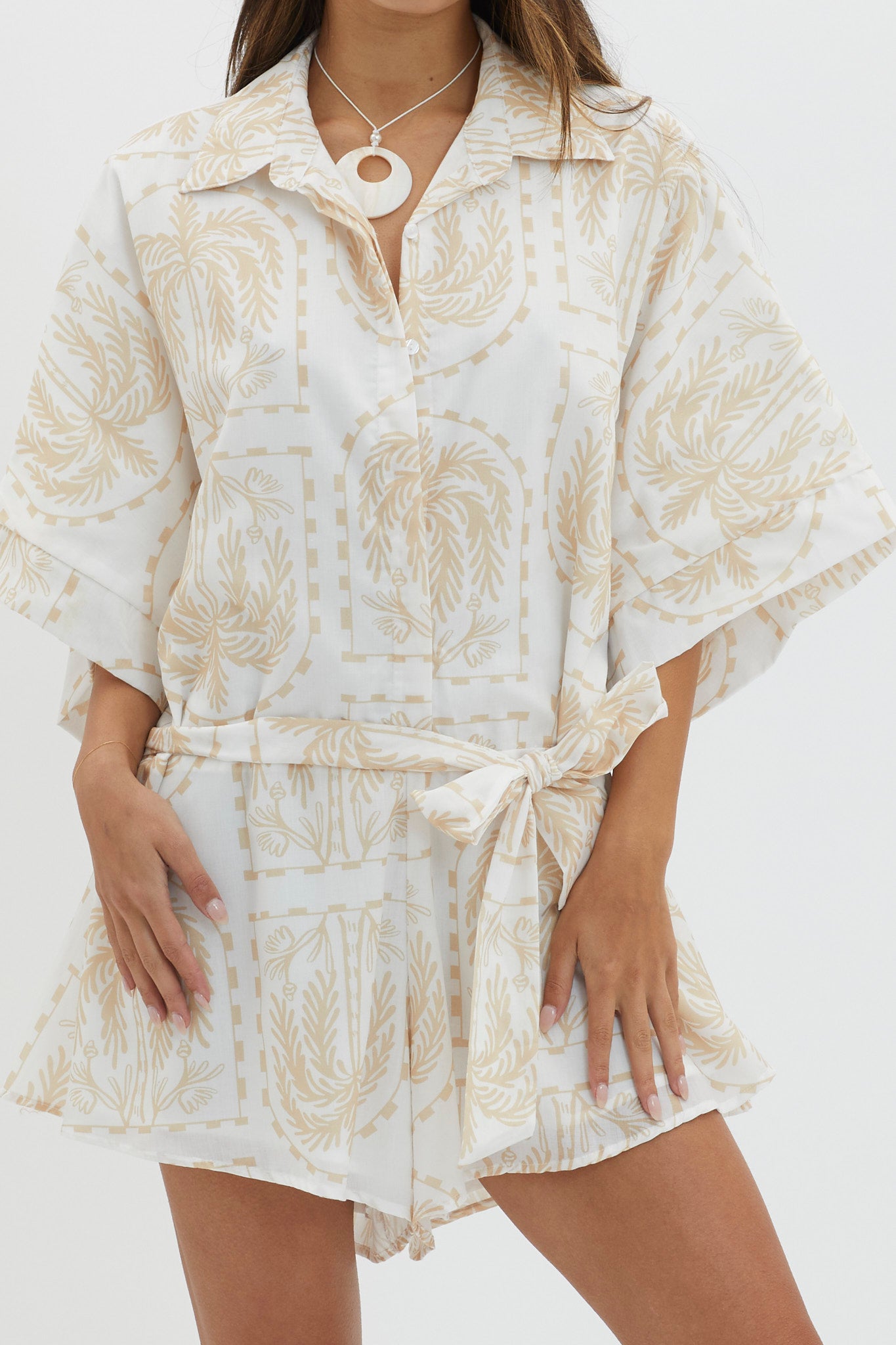 Daytona Beach Button-Up Romper Print Beige-Maymioy