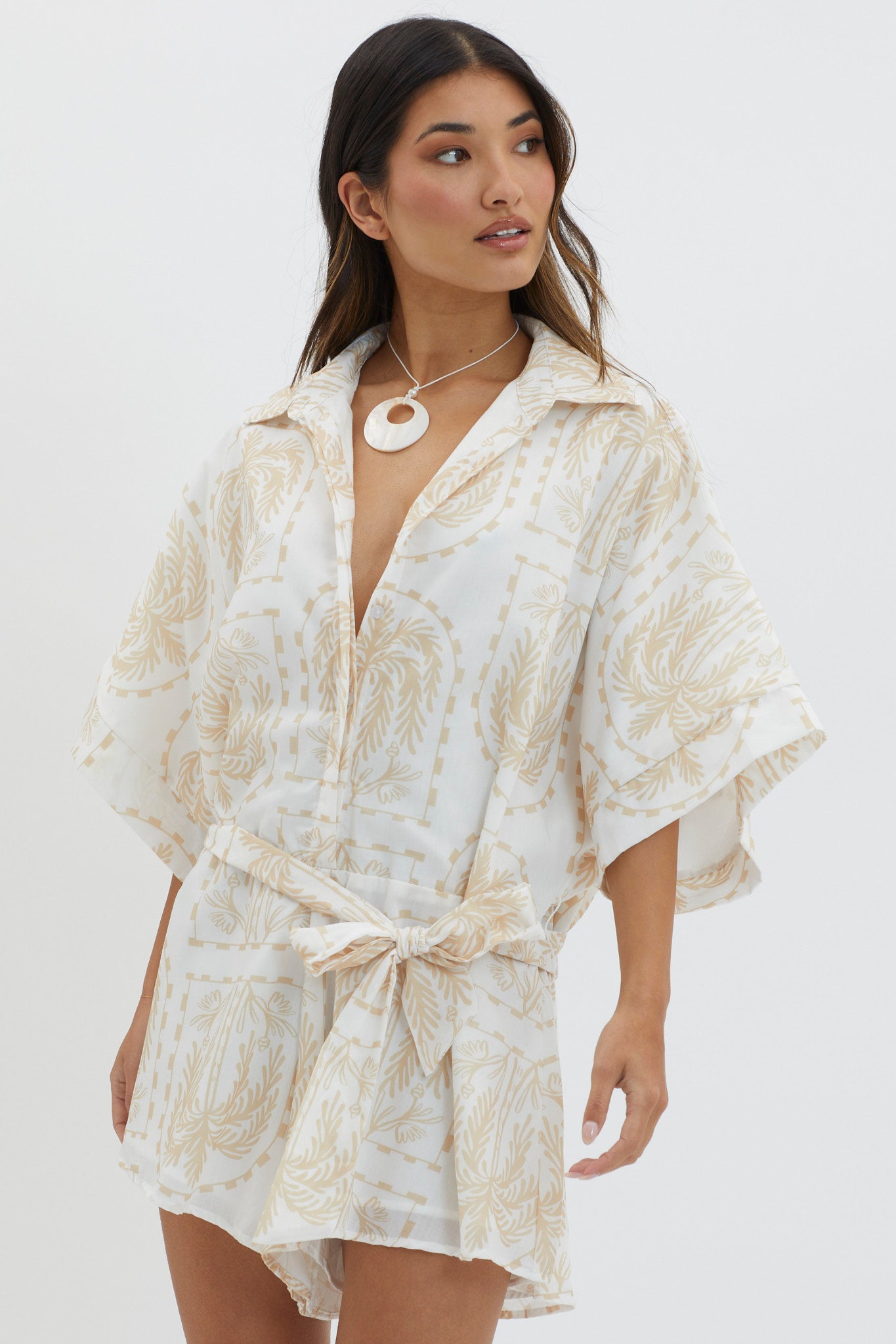 Daytona Beach Button-Up Romper Print Beige-Maymioy