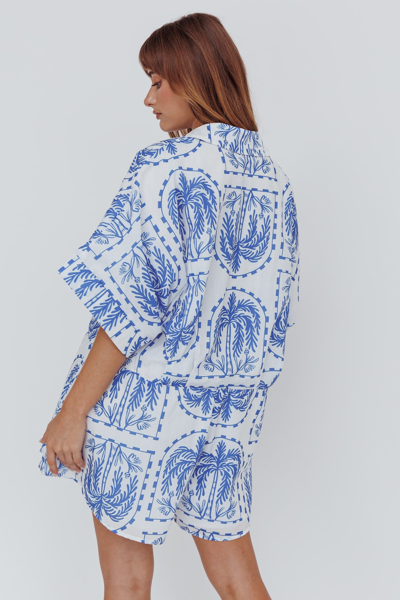 Daytona Beach Button-Up Romper Print Blue-Maymioy