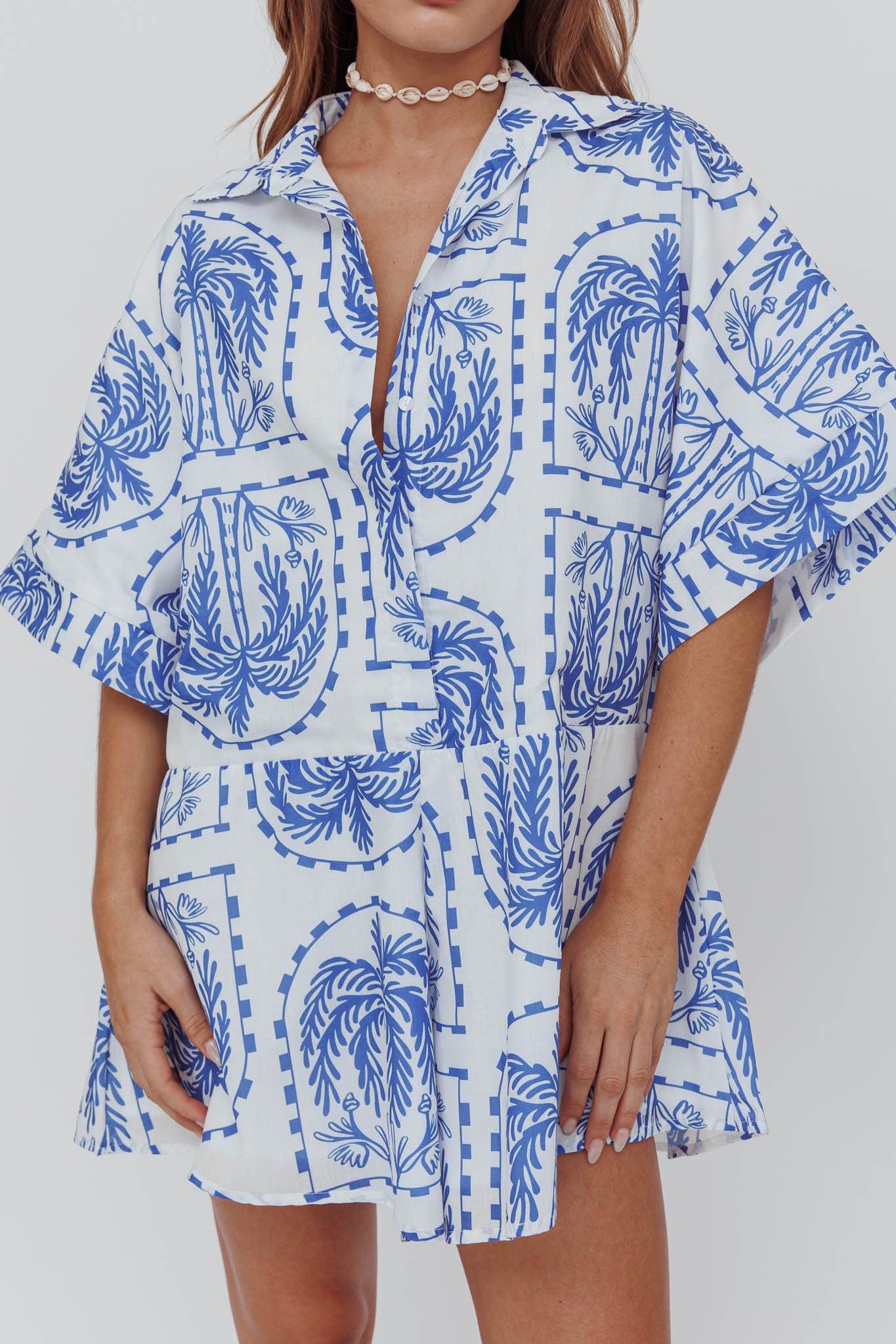 Daytona Beach Button-Up Romper Print Blue-Maymioy