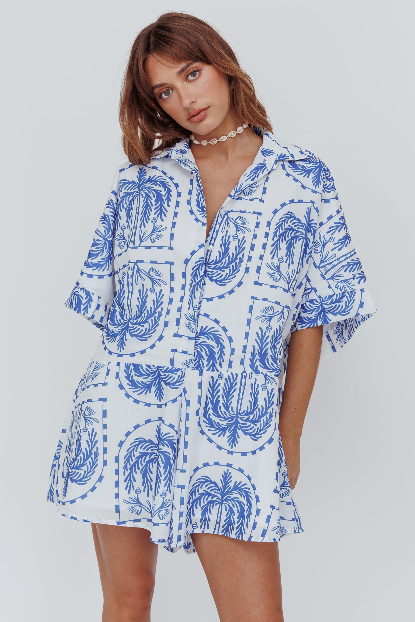Daytona Beach Button-Up Romper Print Blue-Maymioy