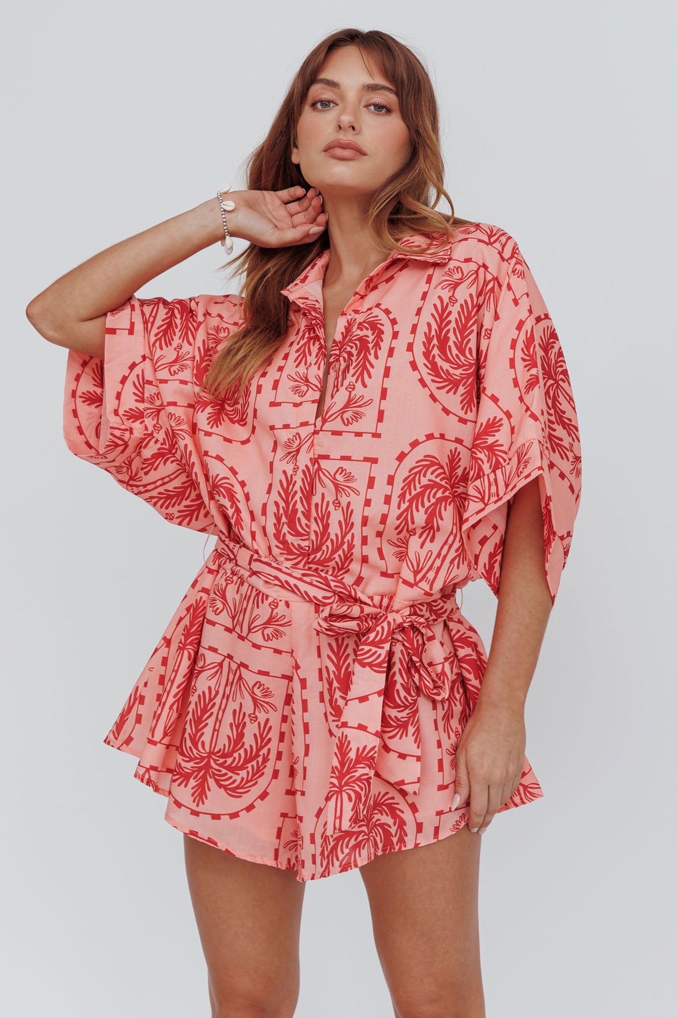 Daytona Beach Button-Up Romper Print Peach-Maymioy
