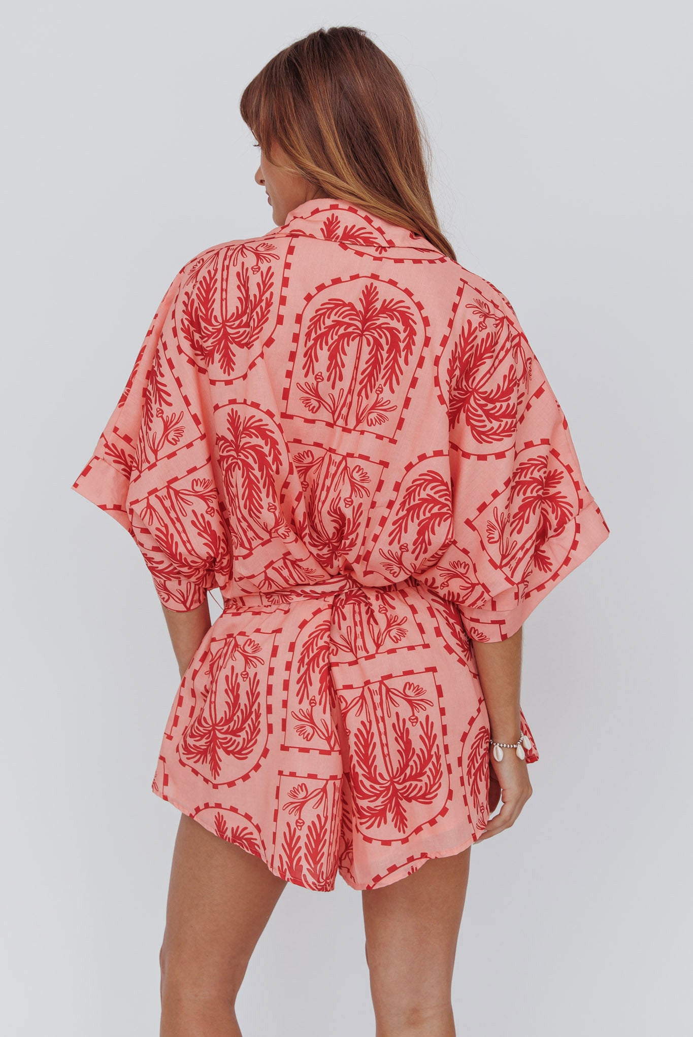 Daytona Beach Button-Up Romper Print Peach-Maymioy