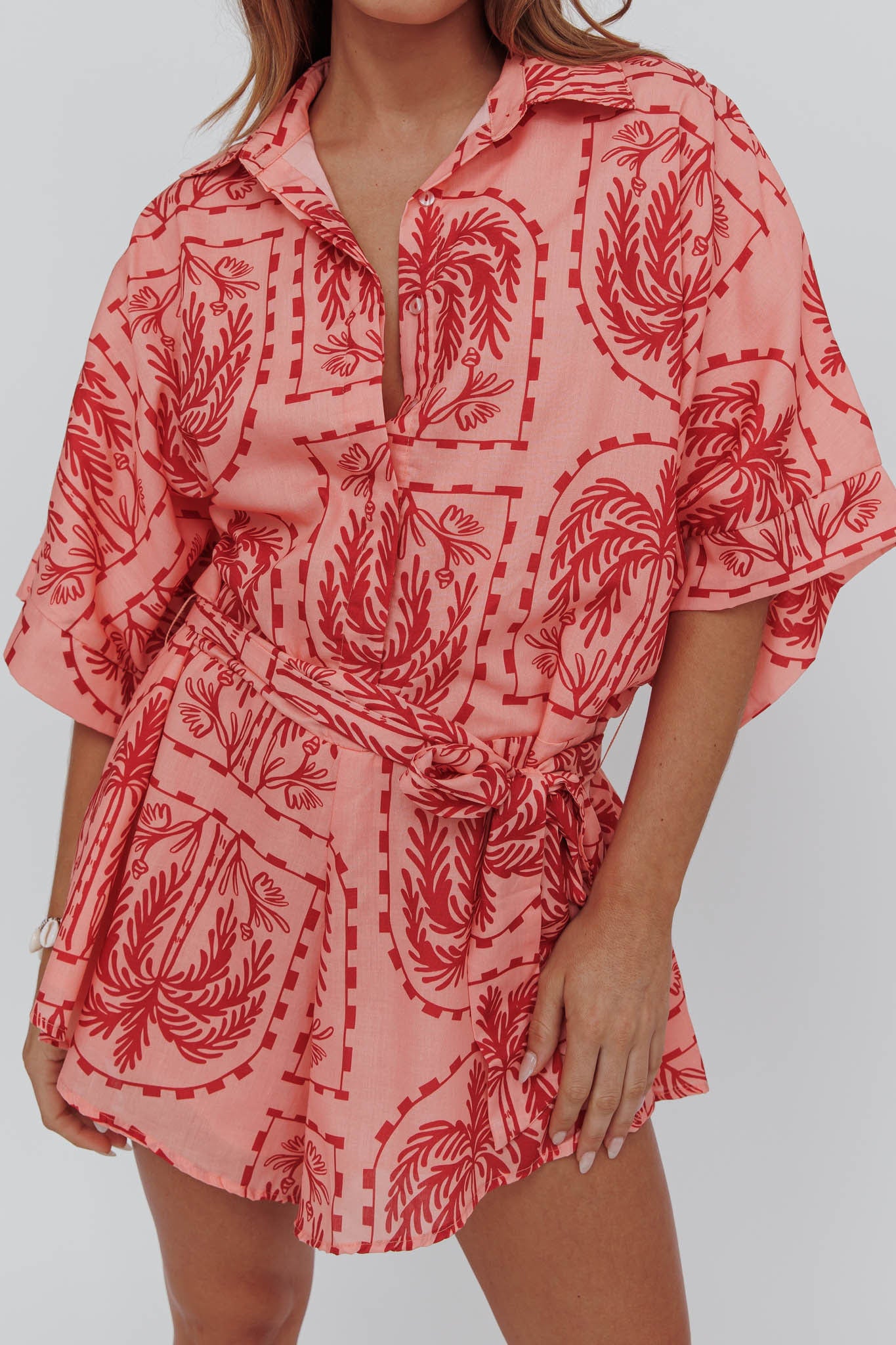 Daytona Beach Button-Up Romper Print Peach-Maymioy