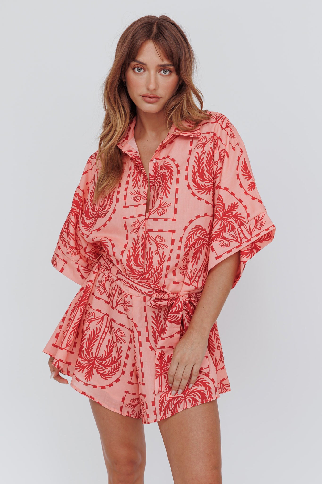 Daytona Beach Button-Up Romper Print Peach-Maymioy