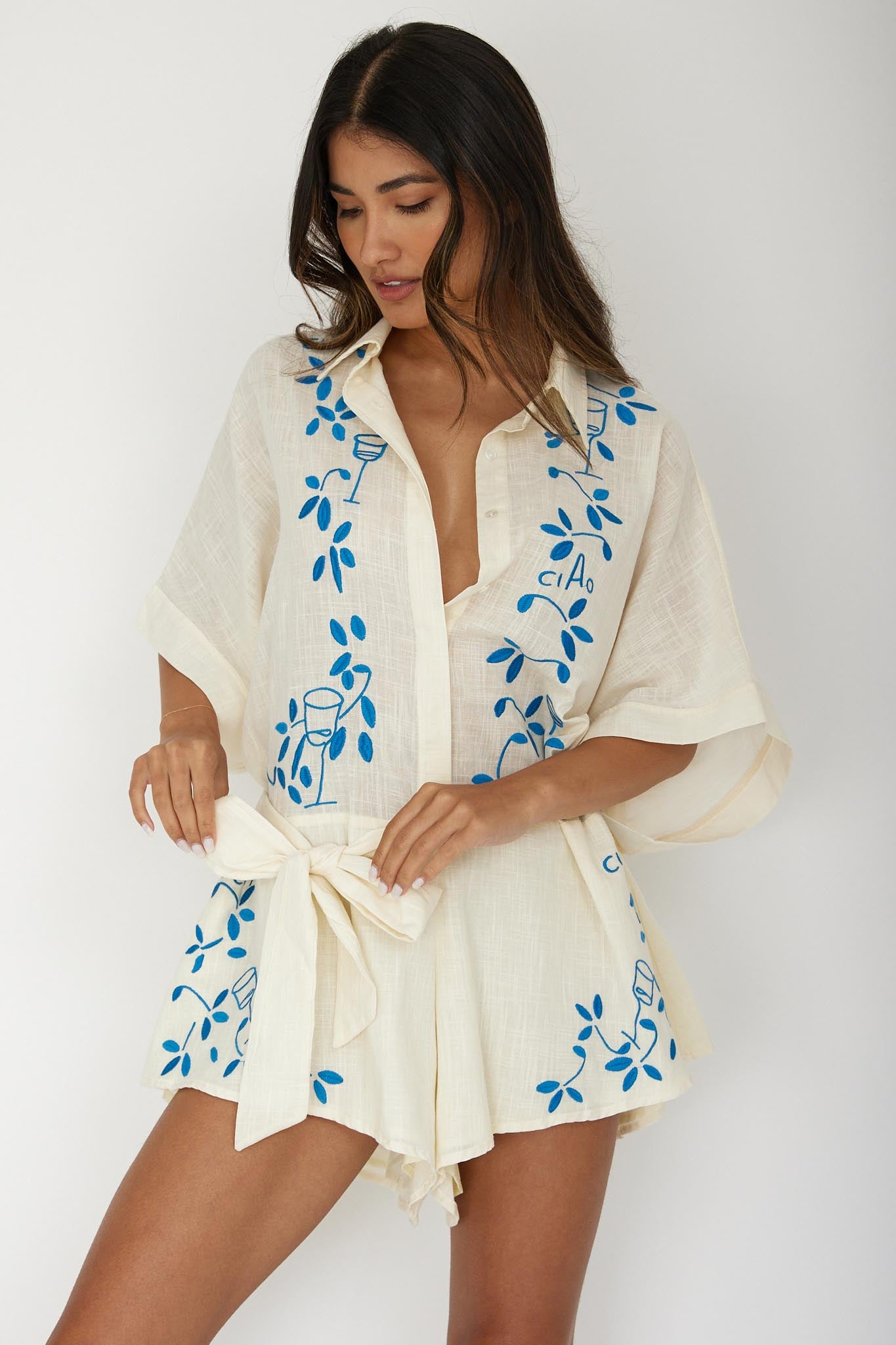 Daytona Beach Button-Up Romper Embroidered Beige-Maymioy