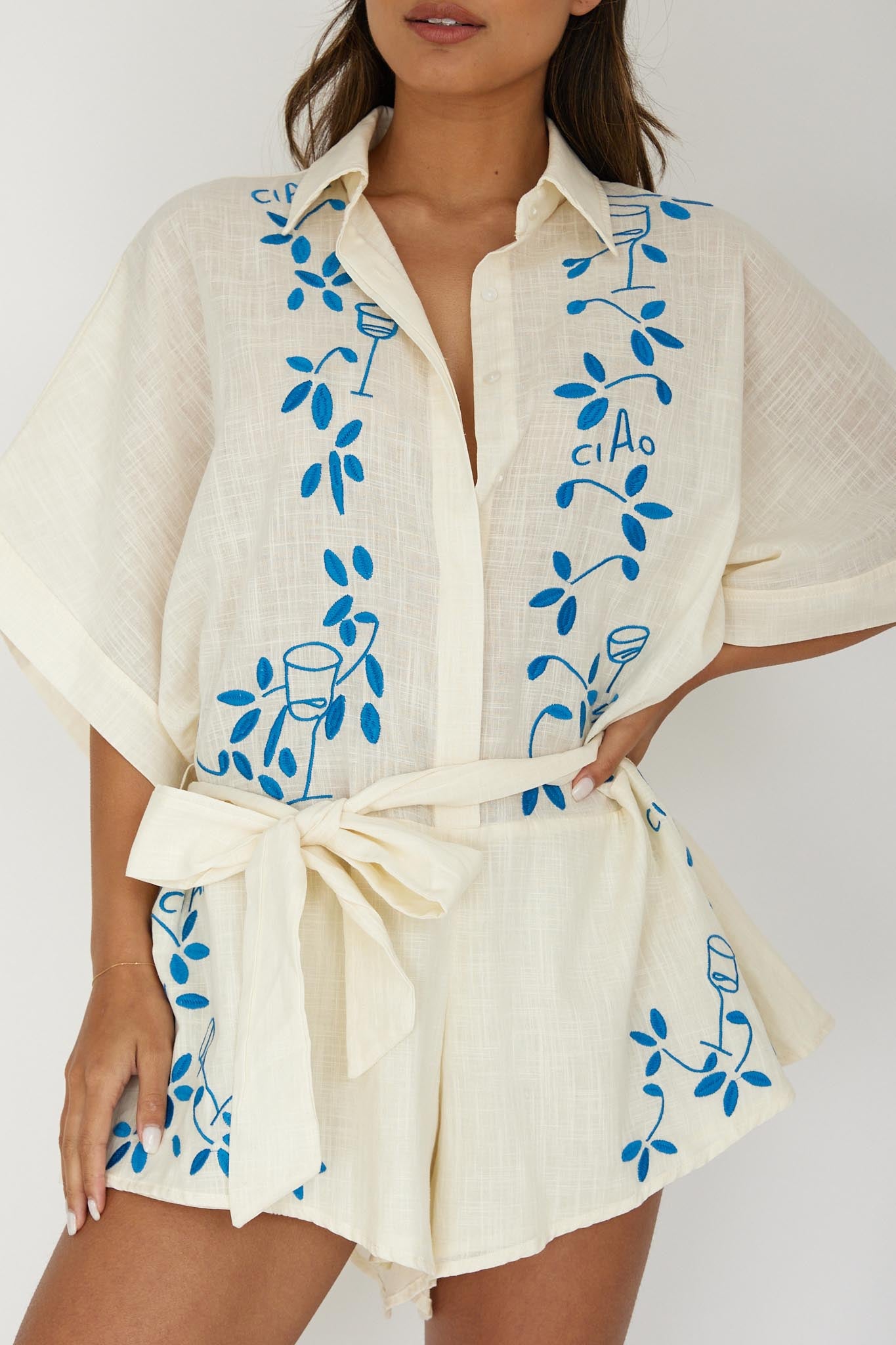 Daytona Beach Button-Up Romper Embroidered Beige-Maymioy