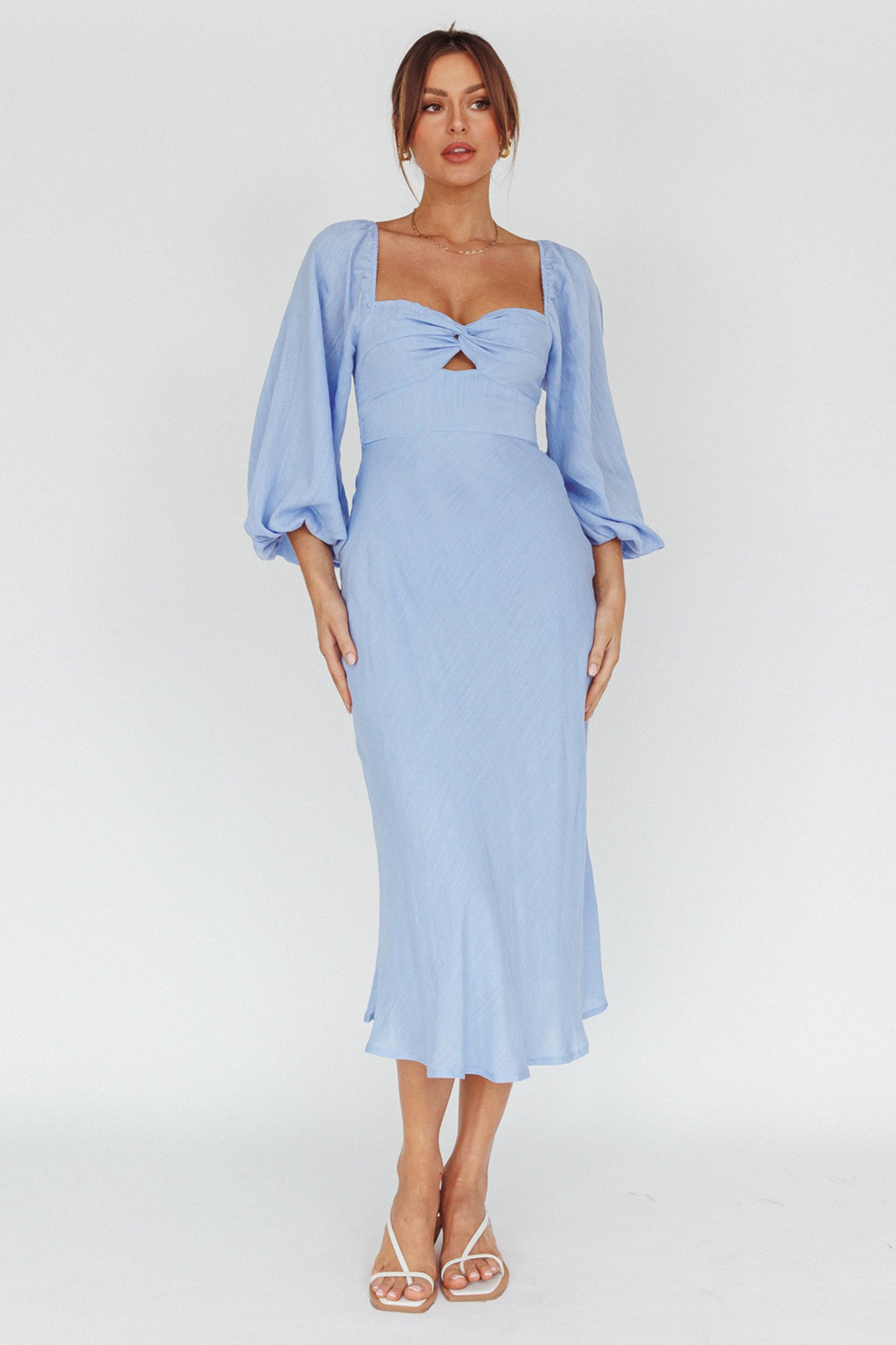 Betina Twist Bust Long Sleeve Midi Dress Blue-Maymioy
