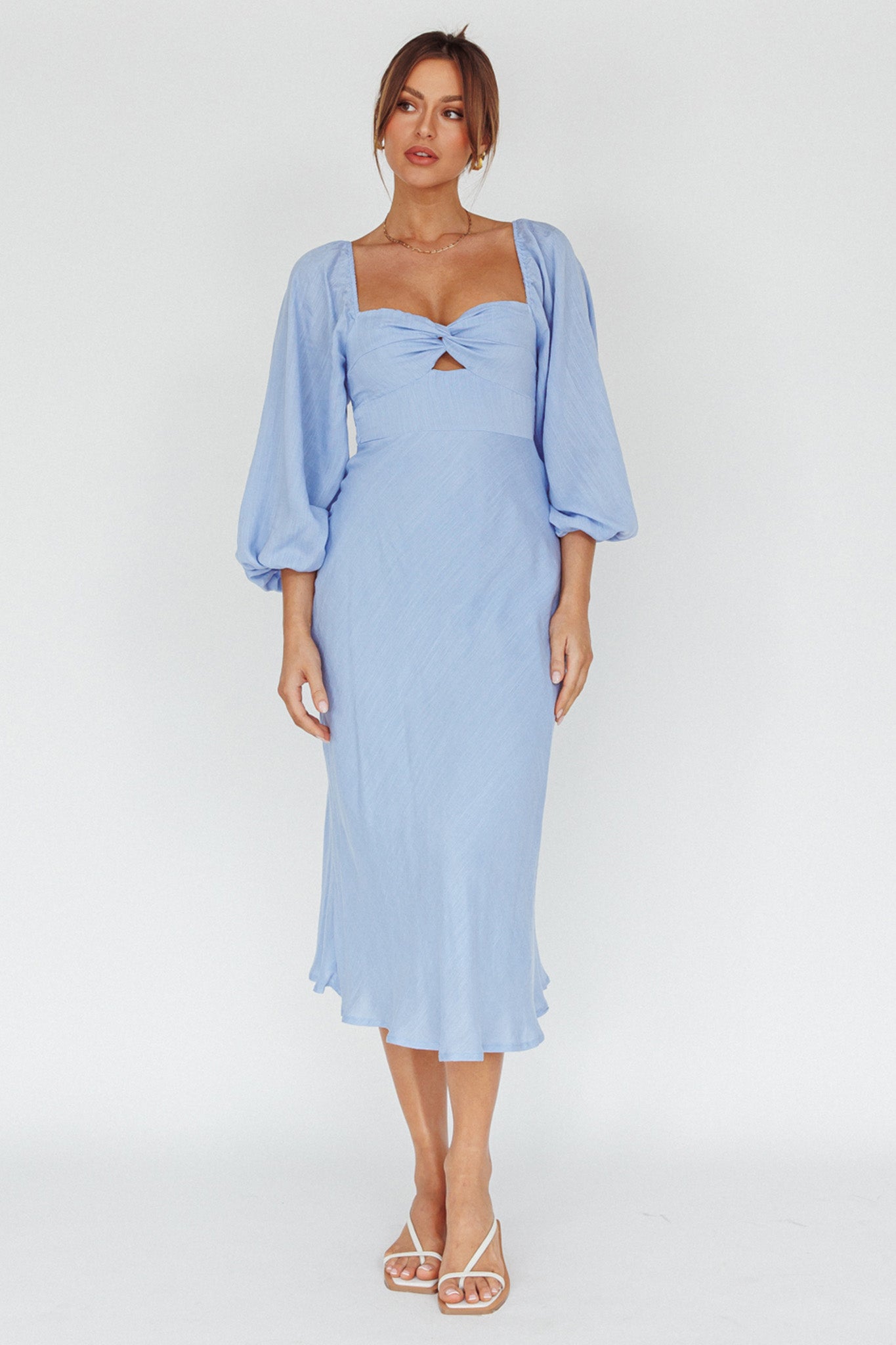 Betina Twist Bust Long Sleeve Midi Dress Blue-Maymioy