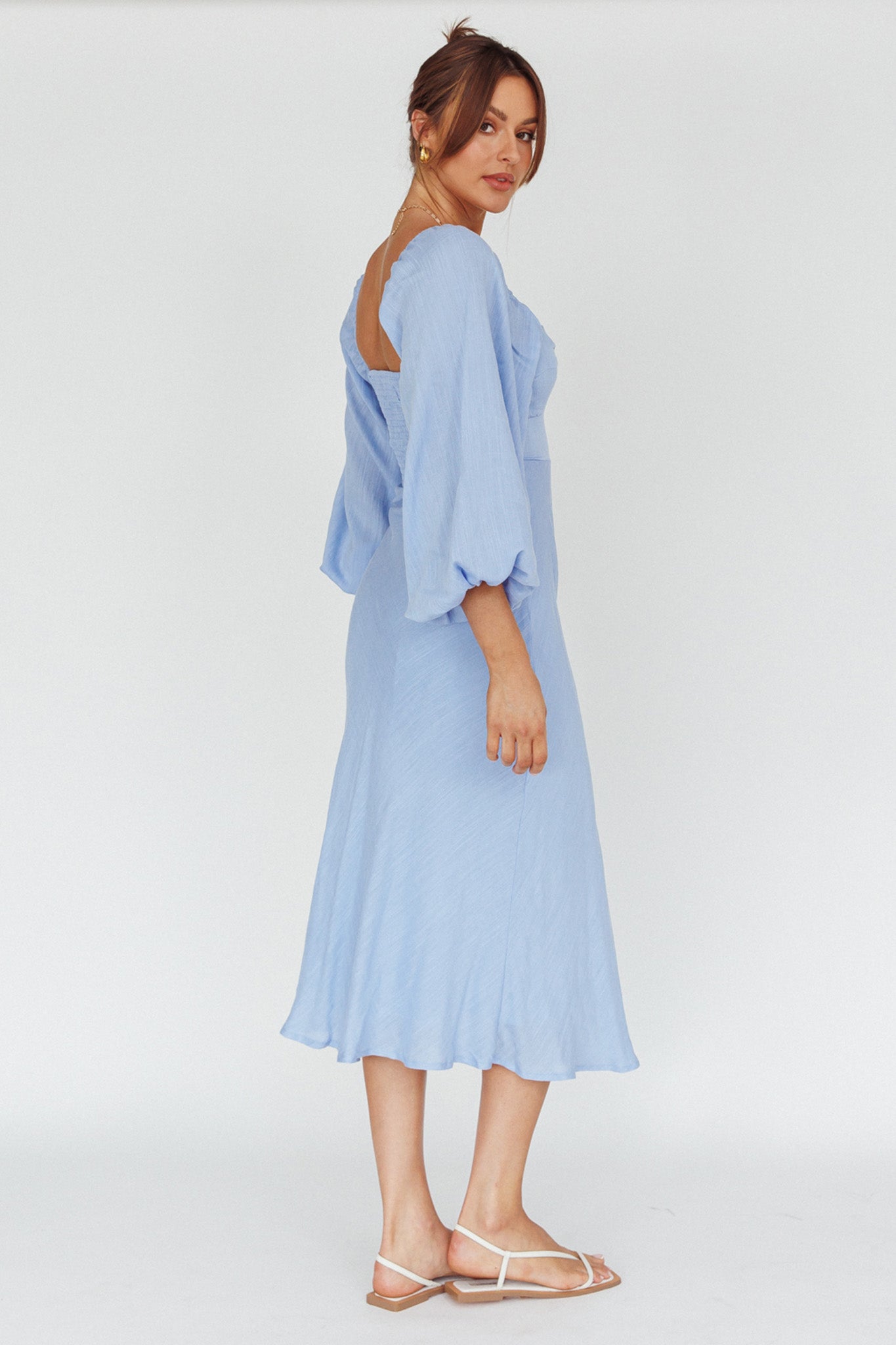 Betina Twist Bust Long Sleeve Midi Dress Blue-Maymioy