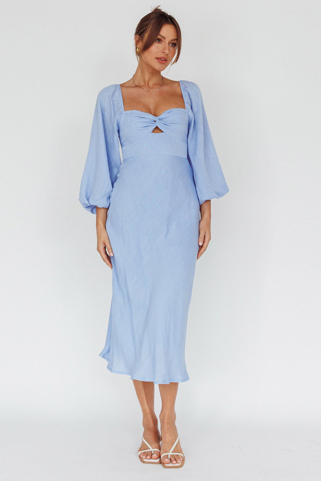 Betina Twist Bust Long Sleeve Midi Dress Blue-Maymioy