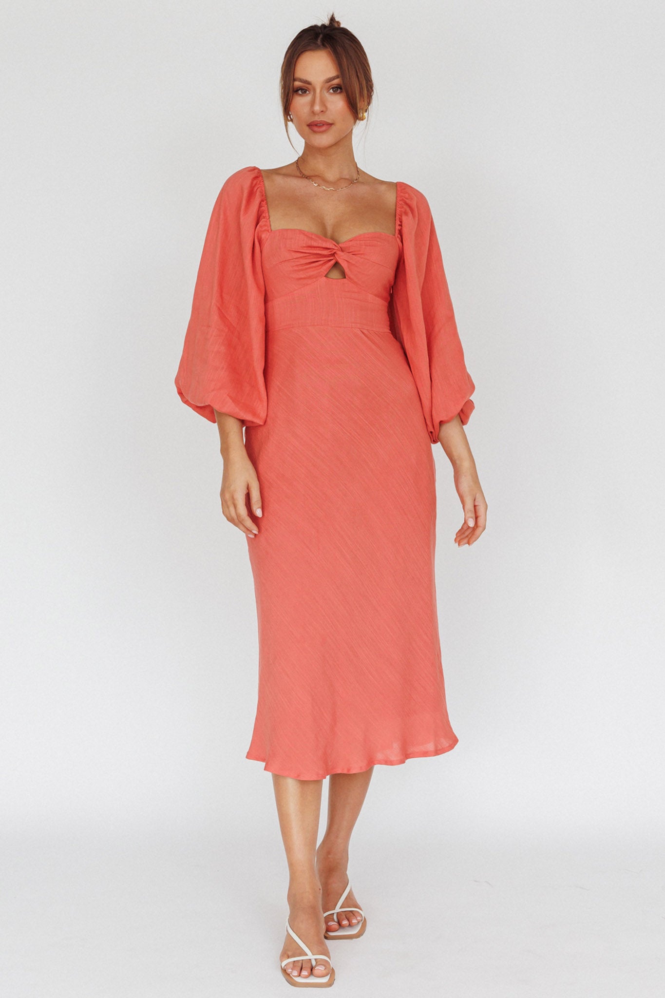Betina Twist Bust Long Sleeve Midi Dress Lipstick-Maymioy