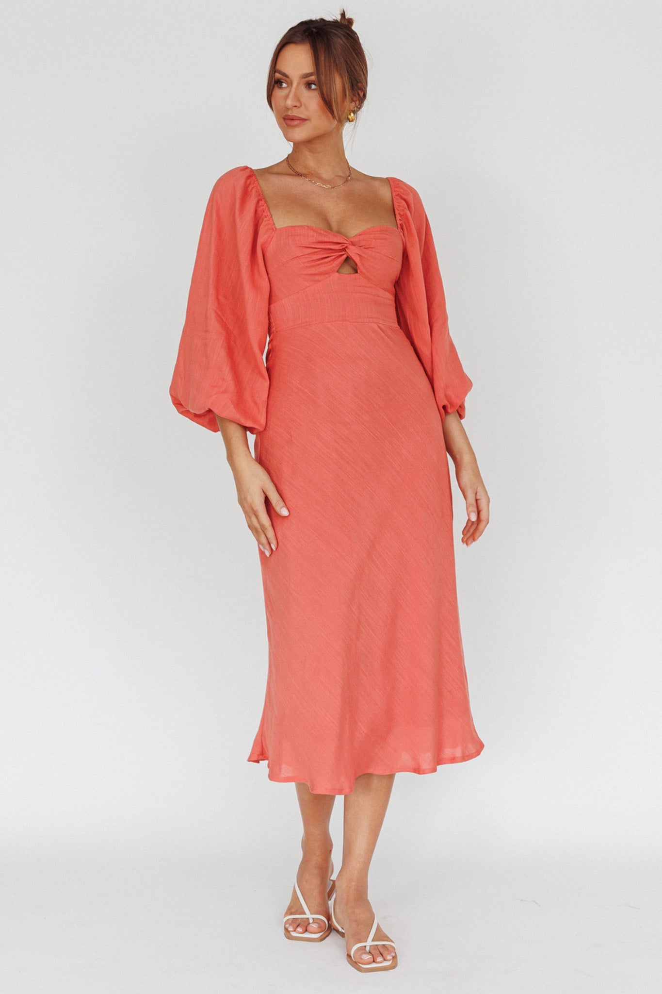 Betina Twist Bust Long Sleeve Midi Dress Lipstick-Maymioy