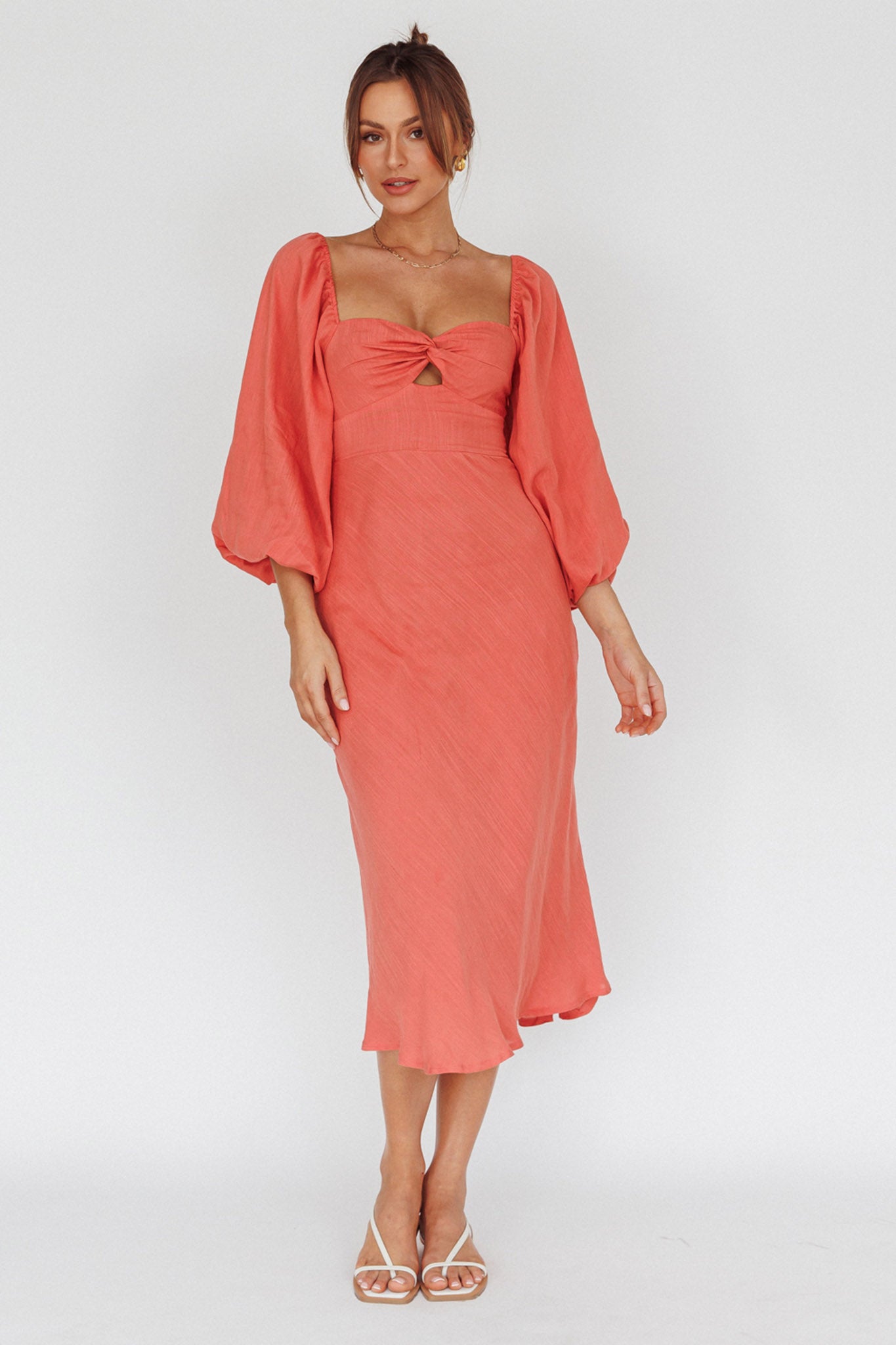 Betina Twist Bust Long Sleeve Midi Dress Lipstick-Maymioy