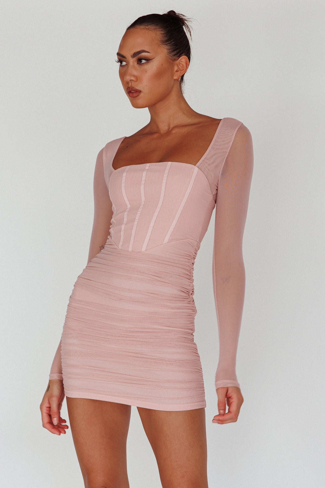 Dream Catcher Long Sleeve Ruched Mini Dress Blush-Maymioy