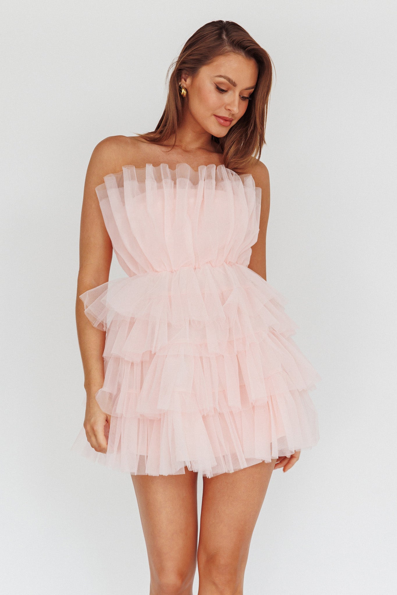 Bon Bon Tiered Mesh Mini Dress Blush-Maymioy